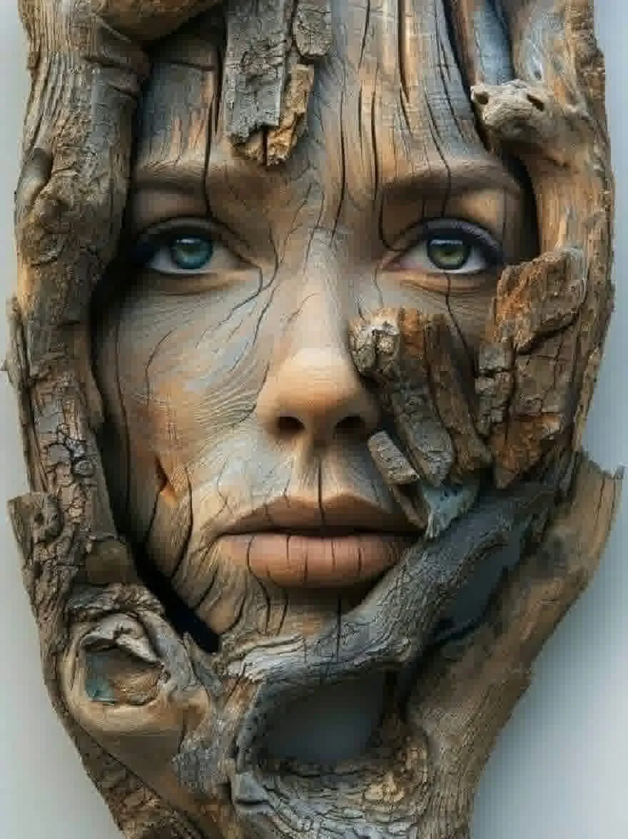 Русский промпт: Крупным планом фотографии женского лица, лепленная из коры дерева, с замысловатыми деталями и текстурами. У женщины бледная кожа, голубые глаза и безмятежное выражение. Ее волосы скручены и корячны, и у нее грубая текстура. Фон - простой светло -голубой цвет. Освещение мягкое и естественное, подчеркивая текстуру коры. Изображение очень подробно и реалистично, с акцентом на особенности лица и выражение лица женщины. | Original prompt: A close-up photograph of a woman's face, sculpted from tree bark, with intricate details and textures. The woman has pale skin, blue eyes, and a serene expression. Her hair is twisted and gnarled, and she has a rough texture. The background is a simple, light blue color. The lighting is soft and natural, highlighting the texture of the bark. The image is highly detailed and realistic, with a focus on the woman's facial features and expression.