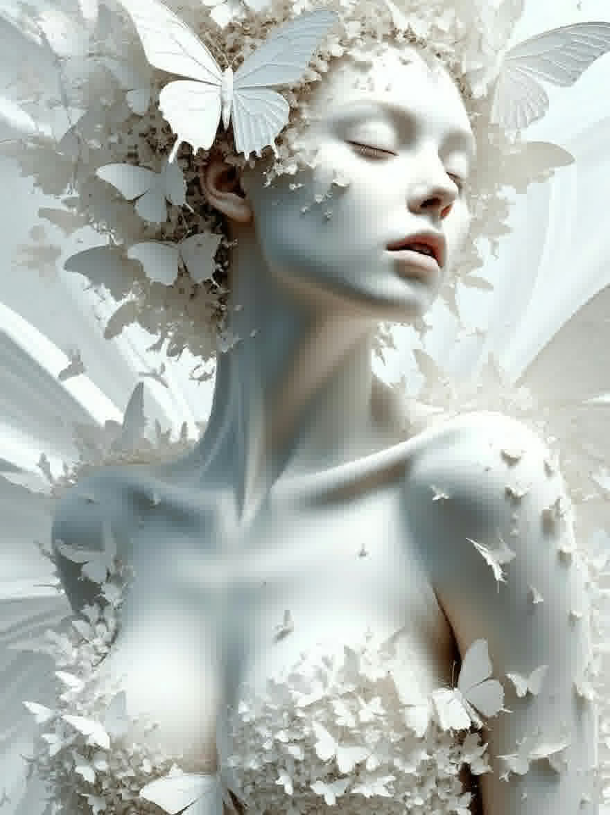 Русский промпт: Фото красивой, бледнокожие женщины с безмятежным выражением, окруженная белыми бабочками и цветами. На ней белое свадебное платье без бретелек со сложными деталями. Фон - мягкий, градиент белого и голубого. У женщины деликатный, почти эфирный вид. Бабочки имеют разные размеры и формы, добавляя к мечтательной и эфирной атмосфере. Освещение мягкое и распространенное, создавая успокаивающую атмосферу. Общее настроение сюрреалистично и сказочно. | Original prompt: Photo of a beautiful, pale-skinned woman with a serene expression, surrounded by white butterflies and flowers. She is wearing a strapless, white wedding dress with intricate details. The background is a soft, gradient of white and light blue. The woman has a delicate, almost ethereal appearance. The butterflies are of various sizes and shapes, adding to the dreamy and ethereal atmosphere. The lighting is soft and diffused, creating a calming ambiance. The overall mood is surreal and dreamlike.