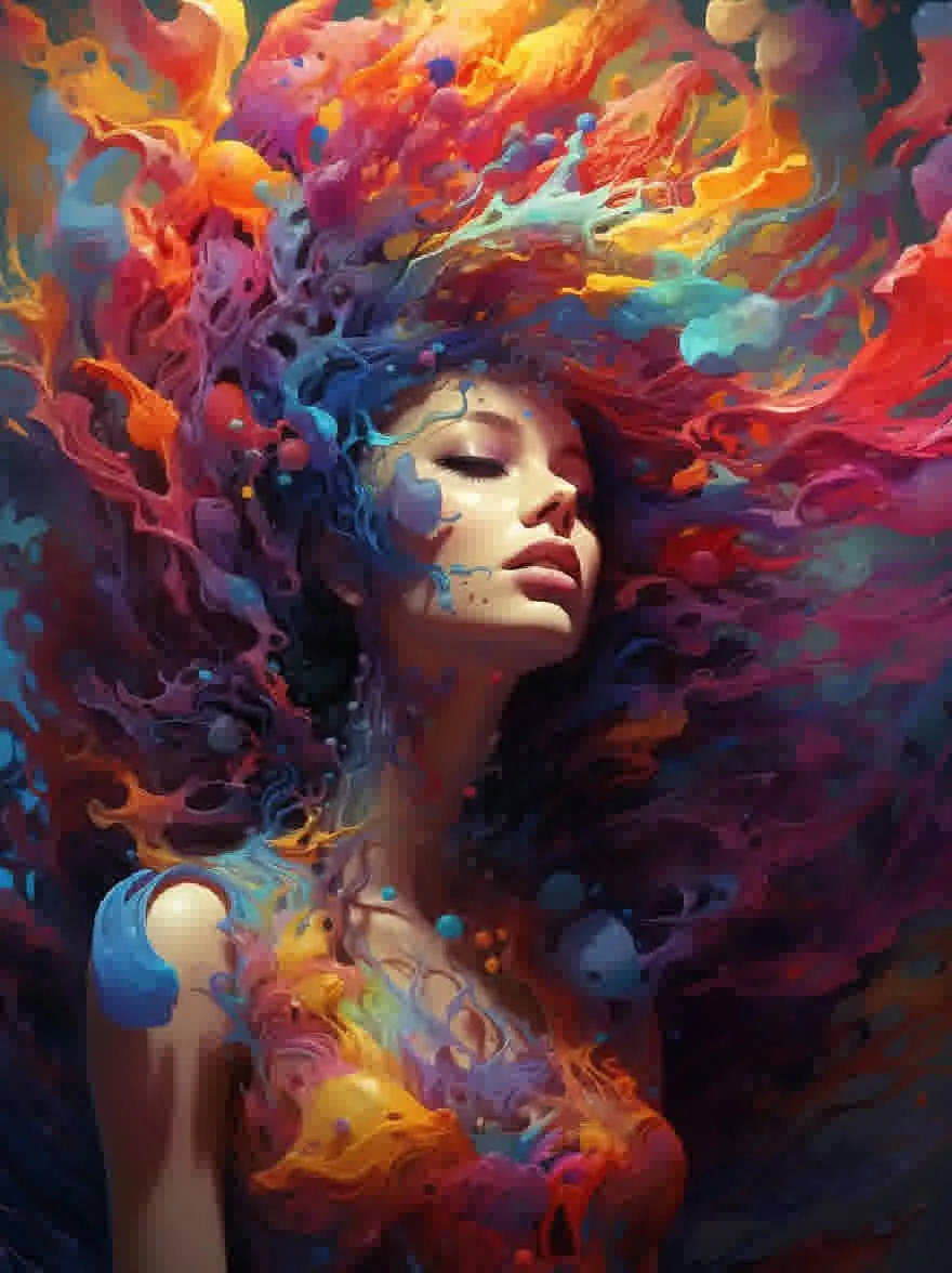 Русский промпт: Цифровая картина женщины с яркими, разноцветными волосами и кожей, плавающей в воздухе. У нее безмятежное выражение, с закрытыми глазами, а губы слегка расстались. Ее кожа окрашена разнообразными цветами, включая блюз, зелень, желтые и апельсины. Фон представляет собой смесь темного блюза и пурпур, создавая сюрреалистическую и сказочную атмосферу. Женщина расположена в центре изображения, с фона слегка вне фокуса. Стиль сюрреалистичен и сюрреалистичен, с акцентом на плавность и красоту. | Original prompt: A digital painting of a woman with vibrant, multicolored hair and skin, floating in the air. She has a serene expression, with her eyes closed and her lips slightly parted. Her skin is painted with a variety of colors, including blues, greens, yellows, and oranges. The background is a mix of dark blues and purples, creating a surreal and dreamlike atmosphere. The woman is positioned in the center of the image, with the background slightly out of focus. The style is surreal and surreal, with a focus on fluidity and beauty.
