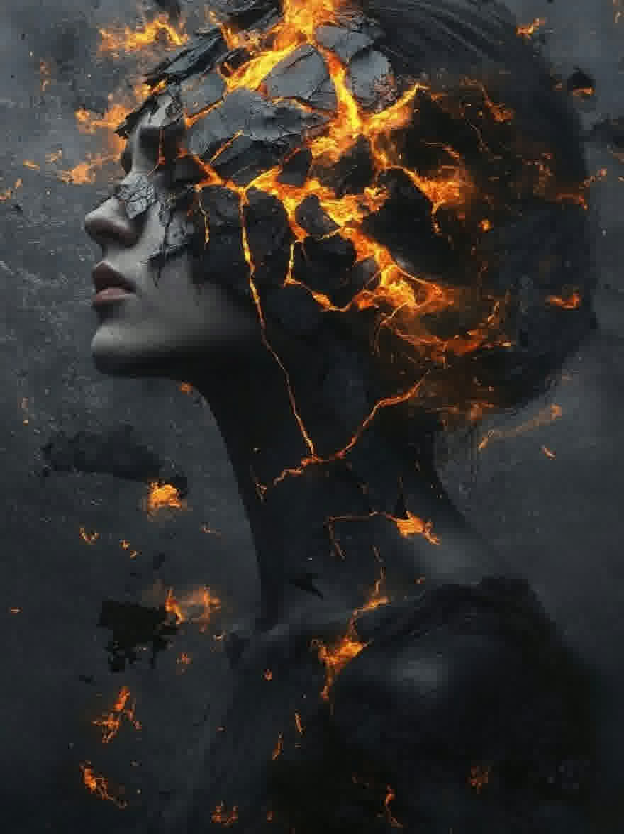 Русский промпт: Цифровая живопись с головой и плечами женщины, со светящимися трещинами и трещинами в ее коже, поставленной на темном текстурированном фоне. Освещение драматичное, со смесью черных и оранжевых оттенков, создавая поразительный контраст. У женщины серьезное выражение, с закрытыми глазами, а губы слегка расстались. Ее волосы в стиле короткой, волнистой бобы, и она носит минимальную одежду. Общее настроение темное и капризное, вызывая чувство загадки и интриги. Изображение имеет сюрреалистическое, эфирное качество, а трещины и пламя добавляют к таинственной и очаровательной атмосфере. | Original prompt: A digital painting of a woman's head and shoulders, with glowing cracks and cracks in her skin, set against a dark, textured background. The lighting is dramatic, with a mix of black and orange hues, creating a striking contrast. The woman has a serious expression, with her eyes closed and her lips slightly parted. Her hair is styled in a short, wavy bob, and she is wearing minimal clothing. The overall mood is dark and moody, evoking a sense of mystery and intrigue. The image has a surreal, ethereal quality to it, with the cracks and flames adding to the mysterious and captivating atmosphere.