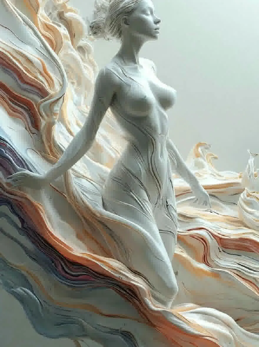 Русский промпт: Фотография стройной, обнаженной женщины с бледной кожей, стоящей посреди крутящегося разноцветного мраморного пейзажа. У нее светлые волосы, привязанные к булочке, и ее глаза закрыты, что дает безмятежное выражение. Женщина стоит от зрителя, с ее руками вытянутыми по бокам. Мрамор имеет гладкую глянцевую текстуру с различными оттенками синего, оранжевого и белого. Фон представляет собой градиент голубого и белого, создавая мечтательную, эфирную атмосферу. Освещение мягкое и распространенное, подчеркивая кривые ее тела и текстуру мрамора. Общее настроение сюрреалистично и сказочно. | Original prompt: A photograph of a slender, nude woman with pale skin, standing in the middle of a swirling, multicolored marble-like landscape. She has blonde hair tied up in a bun, and her eyes are closed, giving a serene expression. The woman is facing away from the viewer, with her arms stretched out to the sides. The marble has a smooth, glossy texture with varying shades of blue, orange, and white. The background is a gradient of light blue and white, creating a dreamy, ethereal atmosphere. The lighting is soft and diffused, highlighting the curves of her body and the texture of the marble. The overall mood is surreal and dreamlike.