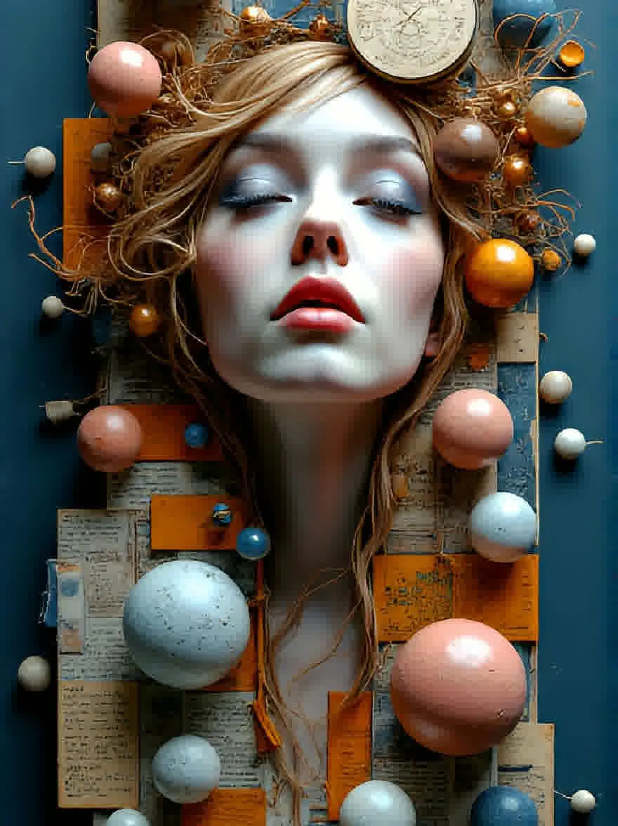 Русский промпт: Фотография лица женщины с бледной кожей и длинными волнистыми светлыми волосами. У нее синие тени для век и красная помада. Ее выражение безмятежное и созерцательное. Фон представляет собой комбинацию синих и оранжевых тонов, с текстурированной поверхностью с различными формами и размерами сфер. Женщина расположена в центре рамы, с слегка наклоненной головой в сторону. Освещение мягкое и естественное, подчеркивая ее черты и создавая мечтательную, эфирную атмосферу. Общее настроение сюрреалистично и сказочно. | Original prompt: A photograph of a woman's face with pale skin and long, wavy blonde hair. She has blue eyeshadow and red lipstick. Her expression is serene and contemplative. The background is a combination of blue and orange tones, with a textured surface featuring various shapes and sizes of spheres. The woman is positioned in the center of the frame, with her head slightly tilted to the side. The lighting is soft and natural, highlighting her features and creating a dreamy, ethereal atmosphere. The overall mood is surreal and dreamlike.