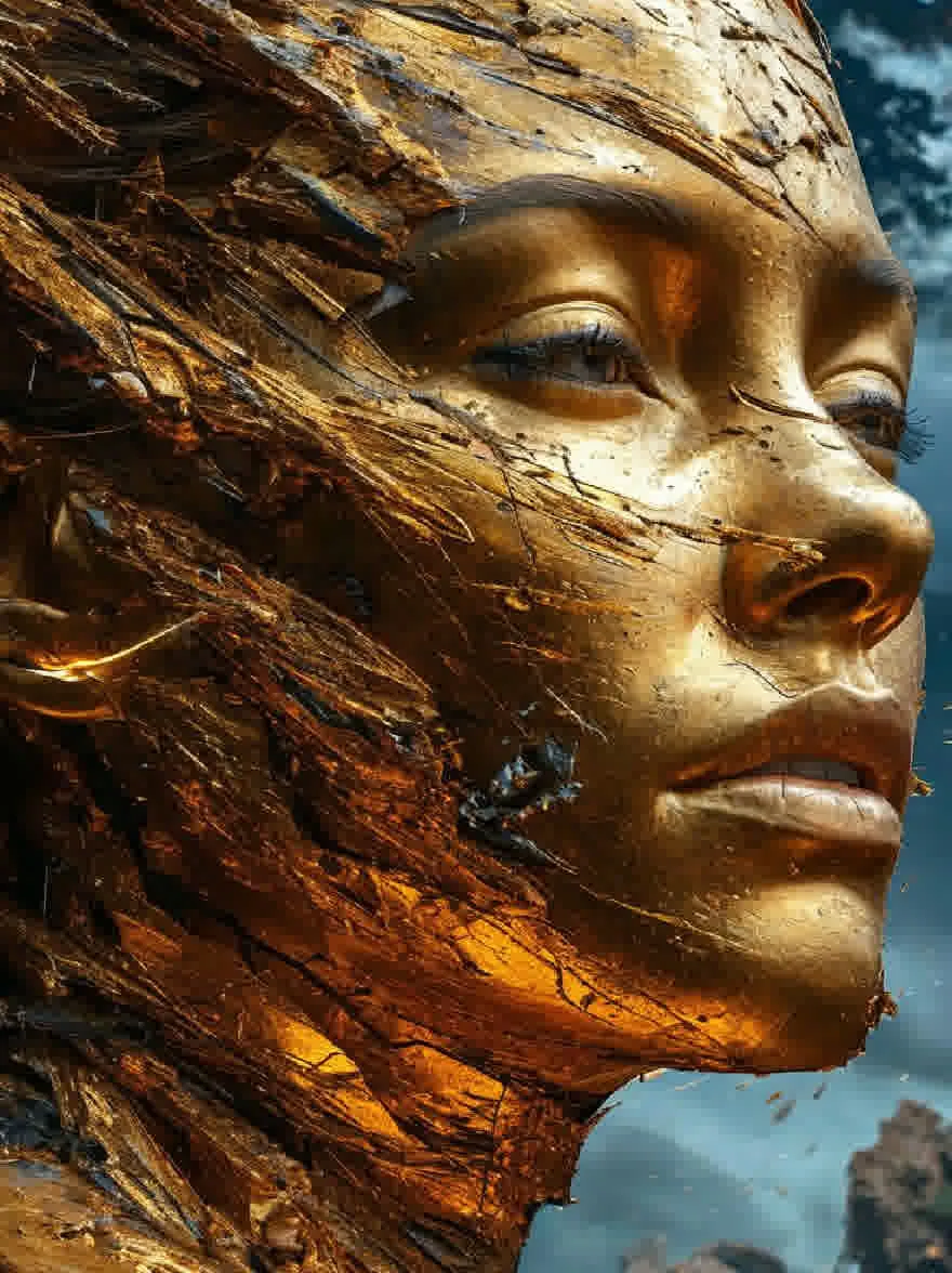 Русский промпт: Высоко детальная цифровая живопись лица и верхней части тела женщины, с поразительным контрастом между золотыми и бронзовыми тонами. Женщина, кажется, имеет африканское происхождение, с темной кожей и длинными, плавными волосами. У нее безмятежное выражение, когда ее глаза смотрят прямо на зрителя. Ее губы слегка расстались, а нос слегка поднят. Фон - драматическое, бурное небо с темными облаками и далеким, скалистым пейзажем. Освещение драматично, подчеркивая текстуру ее кожи и волос. Стиль реалистичен с акцентом на глубину и текстуре. Общий эффект - это страх и удивление. | Original prompt: A highly detailed digital painting of a woman's face and upper body, with a striking contrast between gold and bronze tones. The woman appears to be of African descent, with dark skin and long, flowing hair. She has a serene expression, with her eyes looking directly at the viewer. Her lips are slightly parted, and her nose is slightly upturned. The background is a dramatic, stormy sky with dark clouds and a distant, rocky landscape. The lighting is dramatic, highlighting the texture of her skin and hair. The style is realistic with a focus on depth and texture. The overall effect is one of awe and wonder.