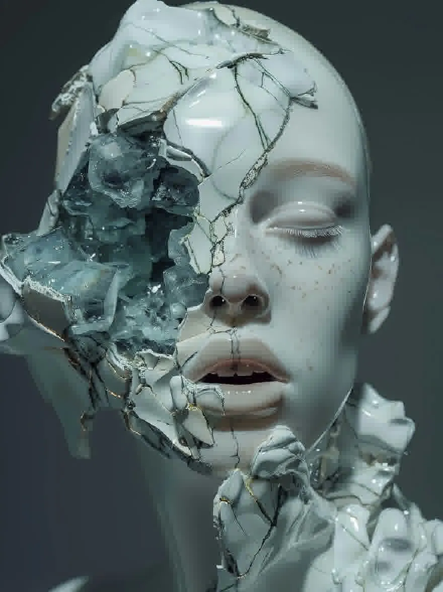 Русский промпт: Высоко детализированный фотореалистический рендеринг гуманоидной фигуры с бледным цветом лица и потрескавшейся кожей. Фигура имеет лысшую голову и безмятежное выражение, с закрытым глазом, а другая половина частично скрыта по треснувшейся поверхности. Кожа представляет собой смесь белого, зеленого и золотого, с некоторыми областями более темнее, чем другие. Текстура кожи грубая и неровная, с трещинами и расщелинами повсюду. Фон представляет собой приглушенный серый градиент, обеспечивающий тонкий контраст с бледным внешним видом фигуры. Освещение мягкое и естественное, подчеркивая сложные детали лица и трещин. Общий эффект - это спокойствие и спокойствие. | Original prompt: A highly detailed, photorealistic rendering of a humanoid figure with a pale complexion and cracked, cracked skin. The figure has a bald head and a serene expression, with one eye closed and the other half partially obscured by the cracked surface. The skin is a mix of white, green, and gold, with some areas appearing darker than others. The texture of the skin is rough and uneven, with cracks and crevices throughout. The background is a muted grey gradient, providing a subtle contrast to the figure's pale appearance. The lighting is soft and natural, highlighting the intricate details of the face and the cracks. The overall effect is one of calmness and serenity.