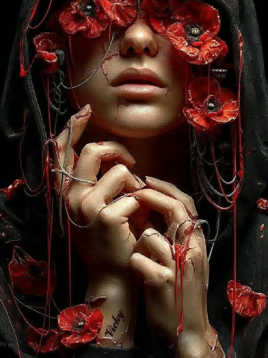 Русский промпт: Фотография женщины с темной кожей, в черной вуали и украшенной красными маками. Ее руки сложены перед лицом, и у нее серьезное выражение. Фон темный, а общее настроение мрачно и меланхолично. У женщины есть татуировка на левой руке, которая гласит «Победа». Общая эстетика темная и капризная. | Original prompt: Photo of a woman with dark skin, wearing a black veil and adorned with red poppies. Her hands are clasped together in front of her face, and she has a serious expression. The background is dark, and the overall mood is somber and melancholic. The woman has a tattoo on her left arm that reads "Victory". The overall aesthetic is dark and moody.