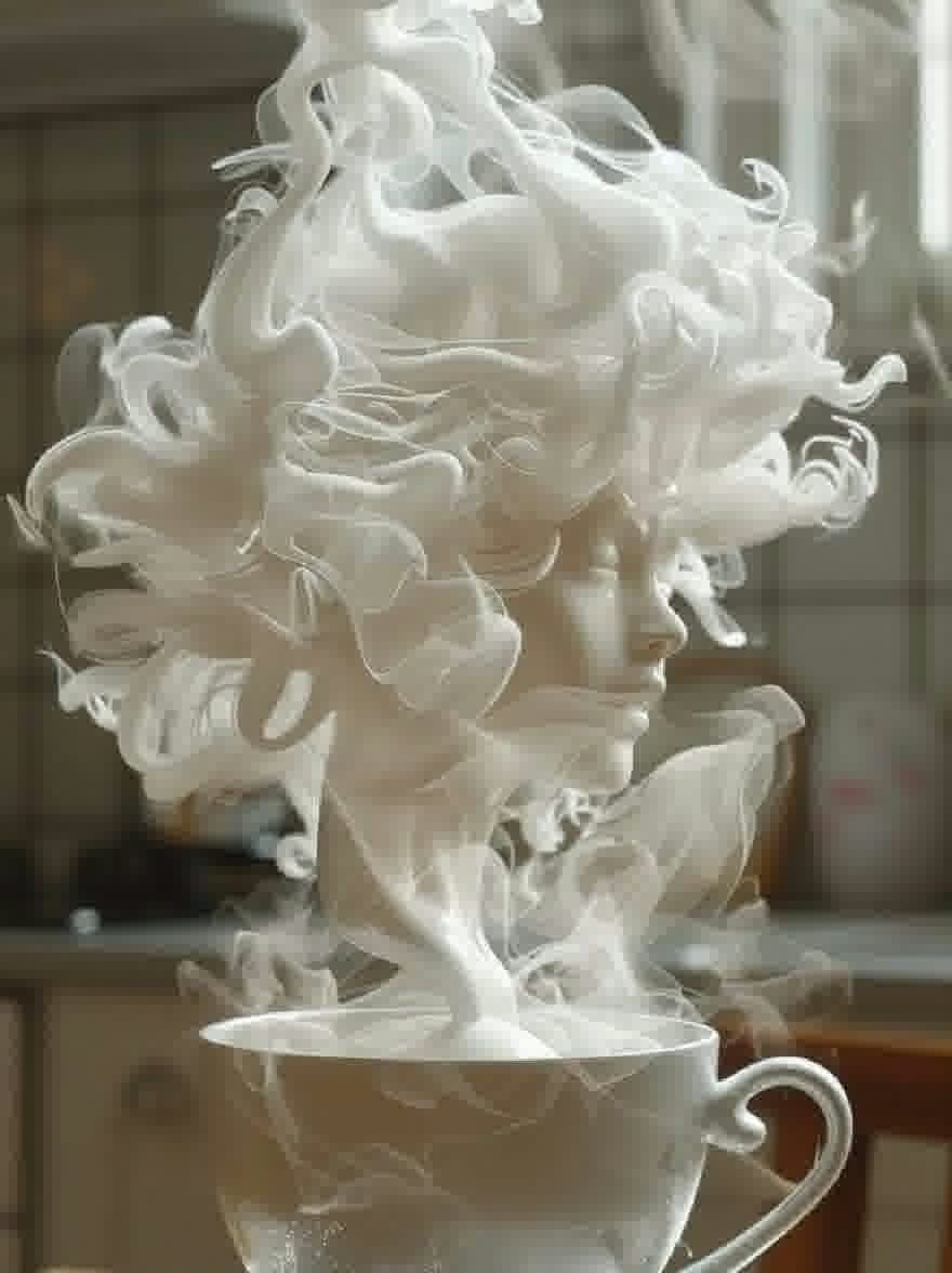 Русский промпт: Фотография белого эфирного бюста женщины с вьющимися волнистыми волосами, расположенная на белой чашке. Лицо женщины частично скрыто плавным белым дымом, создавая сюрреалистическую и сказочную атмосферу. Фон размыта, с видимым оттенком кухни или столовой. Освещение мягкое и естественное, подчеркивая сложные детали волос женщины и текстуру паровой чашки. Общее настроение эфирно и сюрреалистично, вызывая чувство загадки и удивления. | Original prompt: A photograph of a white, ethereal bust of a woman with curly, wavy hair, placed atop a white teacup. The woman's face is partially obscured by the flowing white smoke, creating a surreal and dreamlike atmosphere. The background is blurred, with a hint of a kitchen or dining area visible. The lighting is soft and natural, highlighting the intricate details of the woman's hair and the texture of the steaming cup. The overall mood is ethereal and surreal, evoking a sense of mystery and wonder.