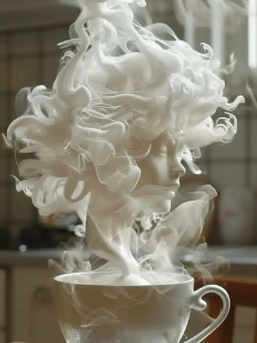 Русский промпт: Фотография белого эфирного бюста женщины с вьющимися волнистыми волосами, расположенная на белой чашке. Лицо женщины частично скрыто плавным белым дымом, создавая сюрреалистическую и сказочную атмосферу. Фон размыта, с видимым оттенком кухни или столовой. Освещение мягкое и естественное, подчеркивая сложные детали волос женщины и текстуру паровой чашки. Общее настроение эфирно и сюрреалистично, вызывая чувство загадки и удивления. | Original prompt: A photograph of a white, ethereal bust of a woman with curly, wavy hair, placed atop a white teacup. The woman's face is partially obscured by the flowing white smoke, creating a surreal and dreamlike atmosphere. The background is blurred, with a hint of a kitchen or dining area visible. The lighting is soft and natural, highlighting the intricate details of the woman's hair and the texture of the steaming cup. The overall mood is ethereal and surreal, evoking a sense of mystery and wonder.