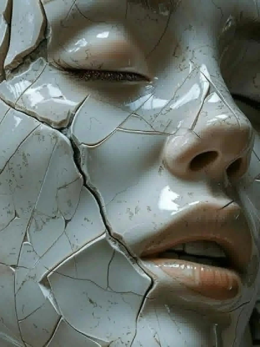 Русский промпт: Крупным планом фотографии лица женщины с потрескавшейся и неровной поверхностью, демонстрируя ее кожу и выражение. Текстура поверхности грубая и неровная, с трещинами и расщелинами повсюду. У женщины есть нейтральное выражение, с закрытыми глазами, а губы слегка расстались. Освещение мягкое и естественное, подчеркивая трещины и текстуру ее кожи. Фон размыт, что позволяет фокусировке оставаться на ее лице. Общее настроение мрачно и созерцает. | Original prompt: A close-up photograph of a woman's face with cracked and uneven surface, showcasing her skin and expression. The texture of the surface is rough and uneven, with cracks and crevices throughout. The woman has a neutral expression, with her eyes closed and her lips slightly parted. The lighting is soft and natural, highlighting the cracks and texture of her skin. The background is blurred, allowing the focus to remain on her face. The overall mood is somber and contemplative.