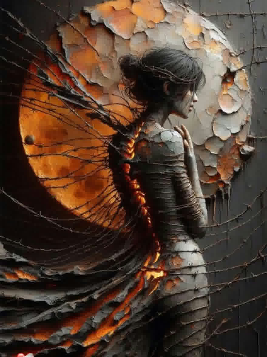 Русский промпт: Цифровая живопись женщины с бледной кожей и длинными темными волосами, приготовленными в косу, стоящей в профиле с спиной к зрителю, глядя через плечо. Она носит облегающий, металлический боди, который подчеркивает ее изгибы. Фон представляет собой текстурированную, потрескавшуюся стену с большим светящимся оранжевым кругом позади нее. Освещение драматичное, с теплым оранжевым светом, исходящим из центра круга. У женщины есть созерцательное выражение, с ее руками скрутились в молитве. Стиль напоминает научно-фантастическое и фантастическое искусство. | Original prompt: A digital painting of a woman with pale skin and long, dark hair styled in a braid, standing in profile with her back to the viewer, looking over her shoulder. She is wearing a form-fitting, metallic bodysuit that accentuates her curves. The background is a textured, cracked wall with a large, glowing orange circle behind her. The lighting is dramatic, with a warm, orange glow emanating from the center of the circle. The woman has a contemplative expression, with her hands clasped together in prayer. The style is reminiscent of sci-fi and fantasy art.