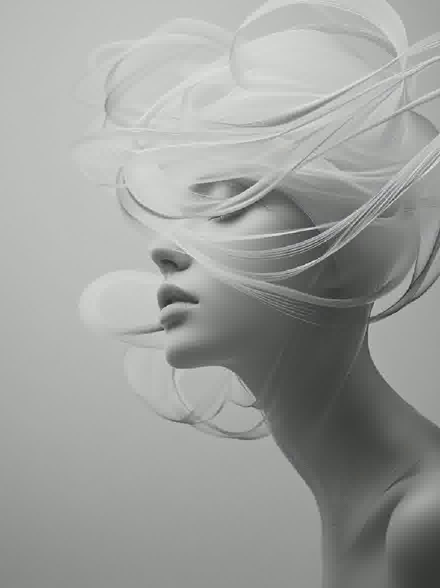 Русский промпт: Фотография женщины с длинными, плавными белыми волосами, захваченная в монохромном, абстрактном стиле. Лицо женщины в профиле, с закрытыми глазами, а губы слегка расстались. Ее волосы стилизованы в объемной, плавной манере, с прядями, обрамляющими ее лицо и каскадируют вниз по спине. Фон - простой, приглушенный серый, что позволяет сосредоточиться оставаться на деликатных чертах женщины. Освещение мягкое и распространенное, создавая мечтательную, эфирную атмосферу. Общий эффект - это одно из безмятежности и красоты. | Original prompt: Photograph of a woman with long, flowing white hair, captured in a monochrome, abstract style. The woman's face is in profile, with her eyes closed and her lips slightly parted. Her hair is styled in a voluminous, flowing manner, with strands framing her face and cascading down her back. The background is a simple, muted grey, allowing the focus to remain on the woman's delicate features. The lighting is soft and diffused, creating a dreamy, ethereal atmosphere. The overall effect is one of serenity and beauty.