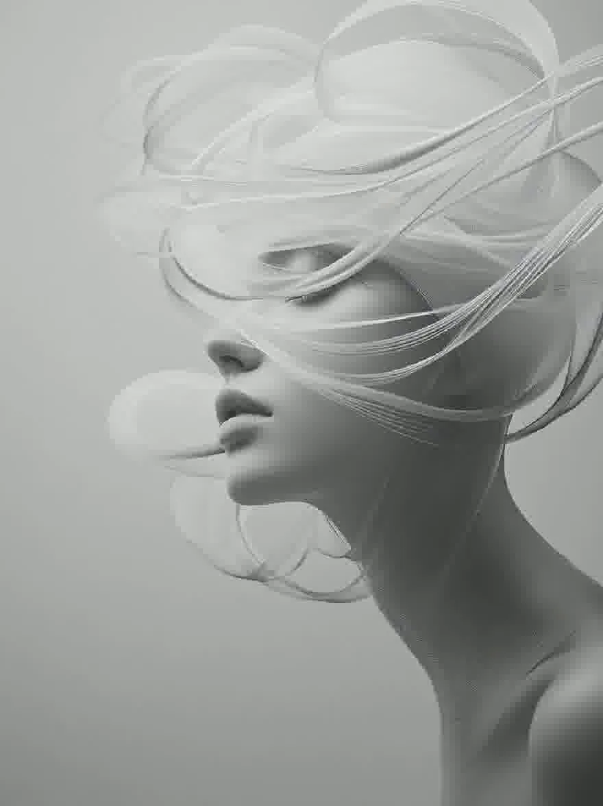 Русский промпт: Фотография женщины с длинными, плавными белыми волосами, захваченная в монохромном, абстрактном стиле. Лицо женщины в профиле, с закрытыми глазами, а губы слегка расстались. Ее волосы стилизованы в объемной, плавной манере, с прядями, обрамляющими ее лицо и каскадируют вниз по спине. Фон - простой, приглушенный серый, что позволяет сосредоточиться оставаться на деликатных чертах женщины. Освещение мягкое и распространенное, создавая мечтательную, эфирную атмосферу. Общий эффект - это одно из безмятежности и красоты. | Original prompt: Photograph of a woman with long, flowing white hair, captured in a monochrome, abstract style. The woman's face is in profile, with her eyes closed and her lips slightly parted. Her hair is styled in a voluminous, flowing manner, with strands framing her face and cascading down her back. The background is a simple, muted grey, allowing the focus to remain on the woman's delicate features. The lighting is soft and diffused, creating a dreamy, ethereal atmosphere. The overall effect is one of serenity and beauty.