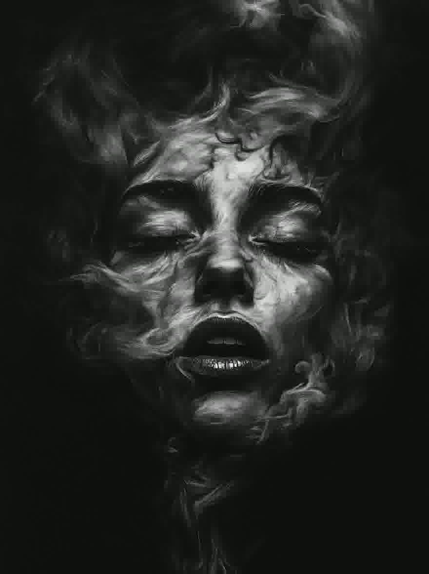 Русский промпт: Черно -белая, монохромная цифровая живопись лица женщины с дымом, кружащимся вокруг ее головы и плеч. Ее глаза закрыты, а рот слегка открыт, обнаруживая острые зубы. Ее кожа сморщенная и выдержанная, с темным цветом лица. Фон - твердый черный, обеспечивающий резкий контраст с резким контрастом между чертами женщины и дымом. Изображение имеет сюрреалистическое и эфирное качество, а дым добавляет таинственную и очаровательную атмосферу. | Original prompt: A black and white, monochrome digital painting of a woman's face with smoke swirling around her head and shoulders. Her eyes are closed, and her mouth is slightly open, revealing sharp teeth. Her skin is wrinkled and aged, with a dark complexion. The background is a solid black, providing a stark contrast to the stark contrast between the woman's features and the smoke. The image has a surreal and ethereal quality, with the smoke adding to the mysterious and captivating atmosphere.