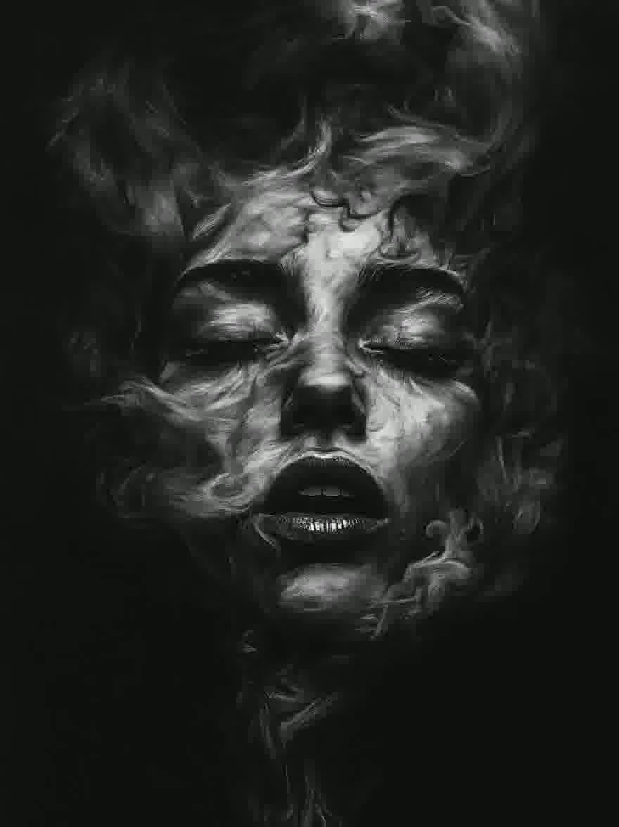 Русский промпт: Черно -белая, монохромная цифровая живопись лица женщины с дымом, кружащимся вокруг ее головы и плеч. Ее глаза закрыты, а рот слегка открыт, обнаруживая острые зубы. Ее кожа сморщенная и выдержанная, с темным цветом лица. Фон - твердый черный, обеспечивающий резкий контраст с резким контрастом между чертами женщины и дымом. Изображение имеет сюрреалистическое и эфирное качество, а дым добавляет таинственную и очаровательную атмосферу. | Original prompt: A black and white, monochrome digital painting of a woman's face with smoke swirling around her head and shoulders. Her eyes are closed, and her mouth is slightly open, revealing sharp teeth. Her skin is wrinkled and aged, with a dark complexion. The background is a solid black, providing a stark contrast to the stark contrast between the woman's features and the smoke. The image has a surreal and ethereal quality, with the smoke adding to the mysterious and captivating atmosphere.