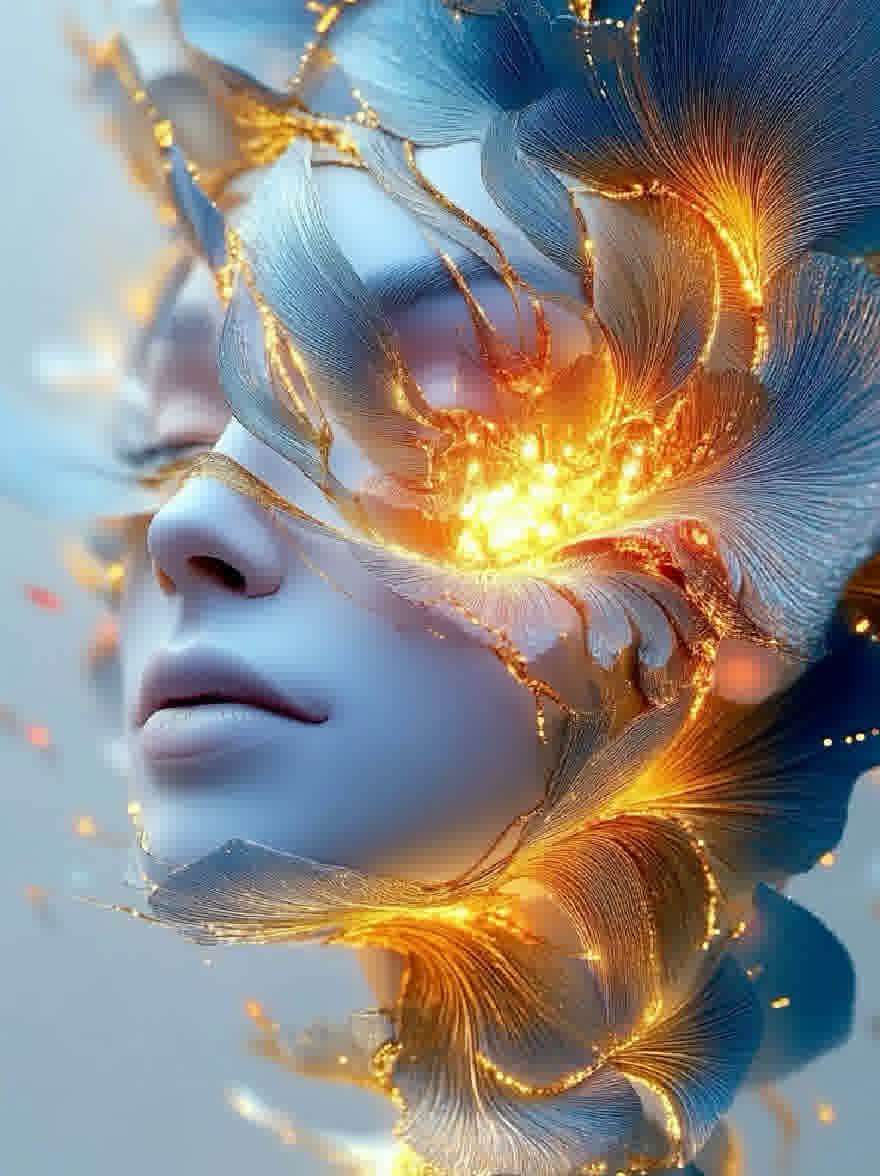 Русский промпт: Фотография женщины с бледной кожей и голубыми волосами, украшенная замысловатыми, светящимися пряди из золота и синего. У нее безмятежное выражение, с закрытыми глазами, а губы слегка расстались. Фон размыт, с мягкой, приглушенной цветовой палитрой. Изображение обладает мечтательным, эфирным качеством с акцентом на нежные черты женщины и замысловатые узоры прядей. Освещение мягкое и теплое, создавая ощущение глубины и размерности. Общий эффект - это красота и спокойствие. | Original prompt: Photograph of a woman with pale skin and blue hair, adorned with intricate, glowing strands of gold and blue. She has a serene expression, with her eyes closed and her lips slightly parted. The background is blurred, with a soft, muted color palette. The image has a dreamy, ethereal quality with a focus on the woman's delicate features and the intricate patterns of the strands. The lighting is soft and warm, creating a sense of depth and dimensionality. The overall effect is one of beauty and serenity.