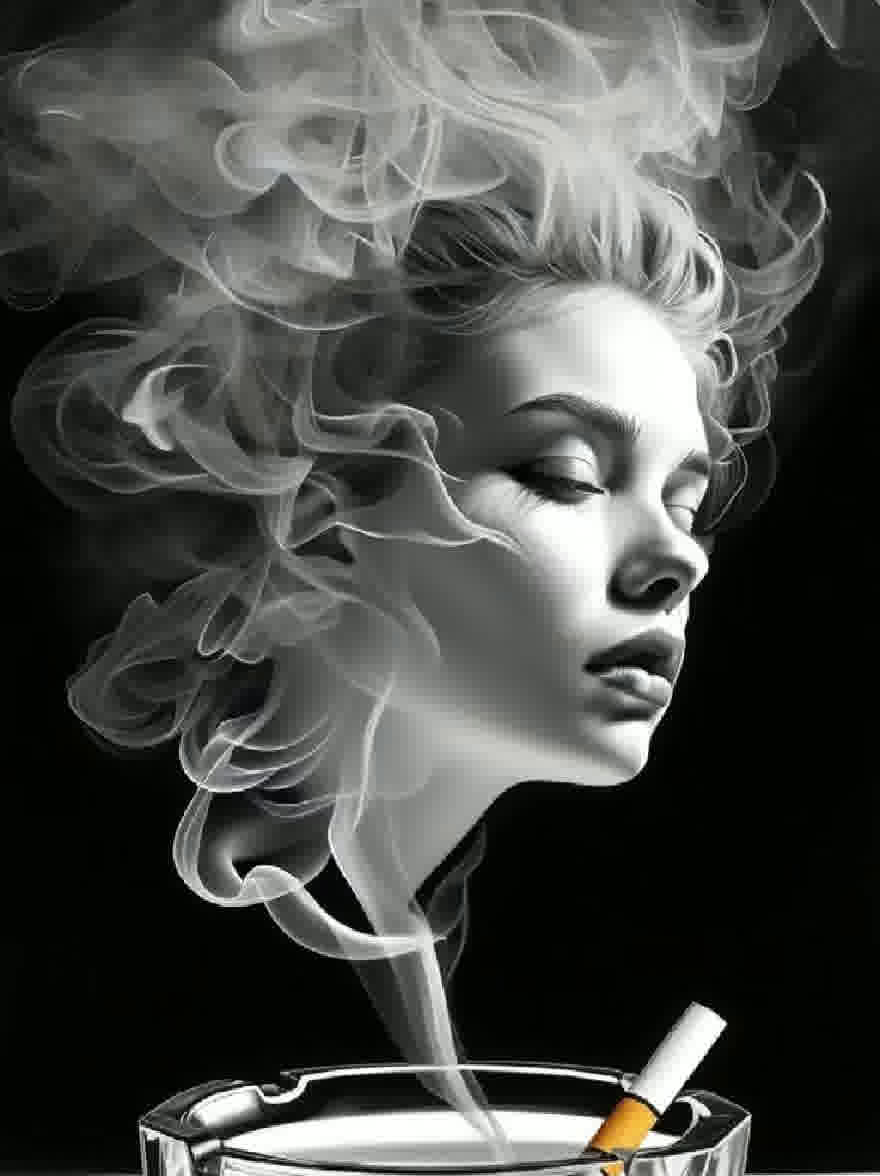 Русский промпт: Черно-белая фотография женщины с волнистыми, вьющимися светлыми волосами, полузакрытыми глазами и созерцательным выражением. Она расположена перед пепельницей с сигаретой, излучает дым. Фон - твердый черный цвет. Лицо женщины в профиле, с ее губами слегка расстались. Освещение драматичное, с дымом, создающим эфирный эффект. Общее настроение мрачное и отражающее. | Original prompt: A black and white photograph of a woman with wavy, curly blonde hair, half-closed eyes, and a contemplative expression. She is placed in front of an ashtray with a cigarette in it, emitting smoke. The background is a solid black color. The woman's face is in profile, with her lips slightly parted. The lighting is dramatic, with the smoke creating an ethereal effect. The overall mood is somber and reflective.