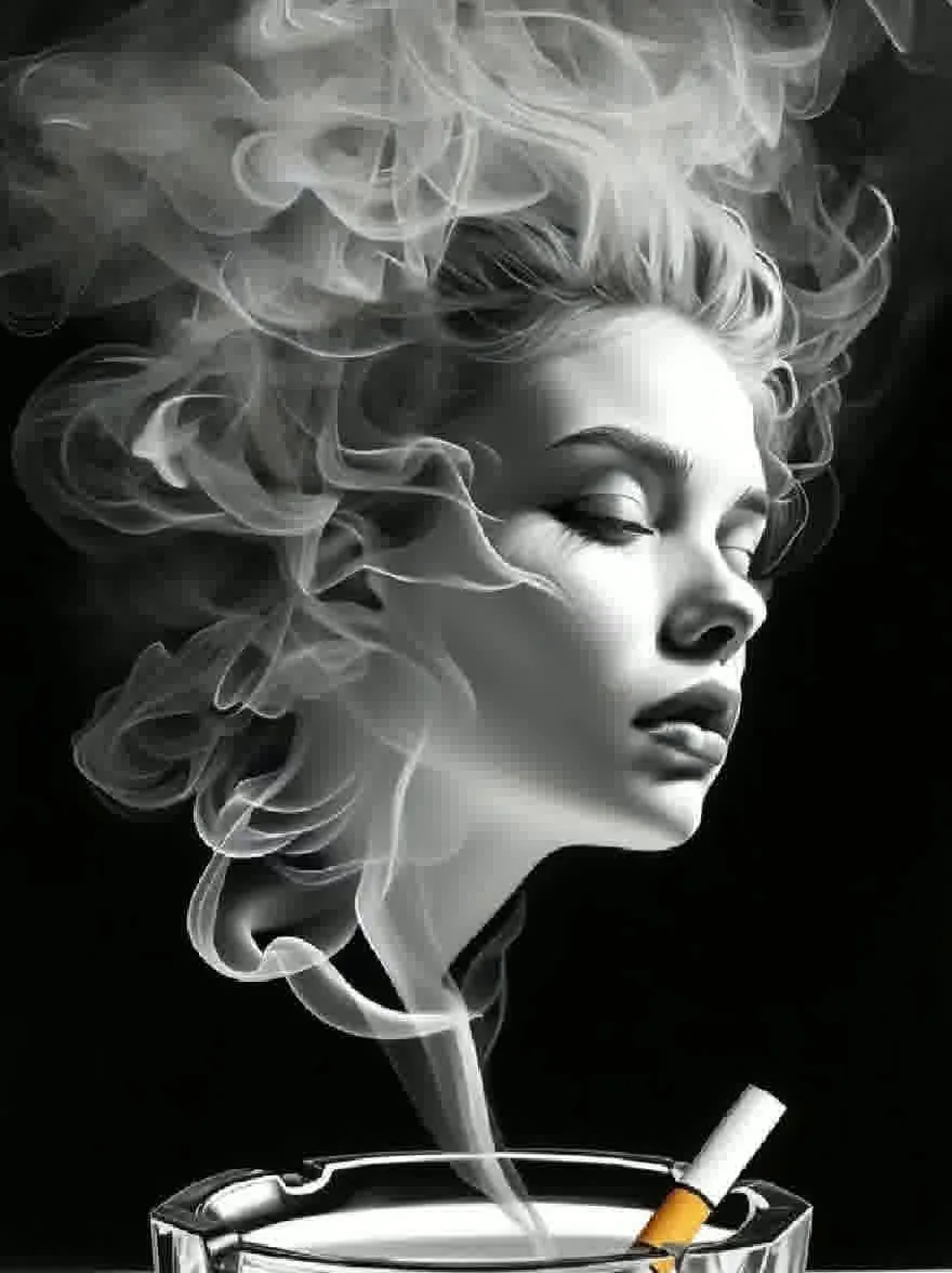 Русский промпт: Черно-белая фотография женщины с волнистыми, вьющимися светлыми волосами, полузакрытыми глазами и созерцательным выражением. Она расположена перед пепельницей с сигаретой, излучает дым. Фон - твердый черный цвет. Лицо женщины в профиле, с ее губами слегка расстались. Освещение драматичное, с дымом, создающим эфирный эффект. Общее настроение мрачное и отражающее. | Original prompt: A black and white photograph of a woman with wavy, curly blonde hair, half-closed eyes, and a contemplative expression. She is placed in front of an ashtray with a cigarette in it, emitting smoke. The background is a solid black color. The woman's face is in profile, with her lips slightly parted. The lighting is dramatic, with the smoke creating an ethereal effect. The overall mood is somber and reflective.