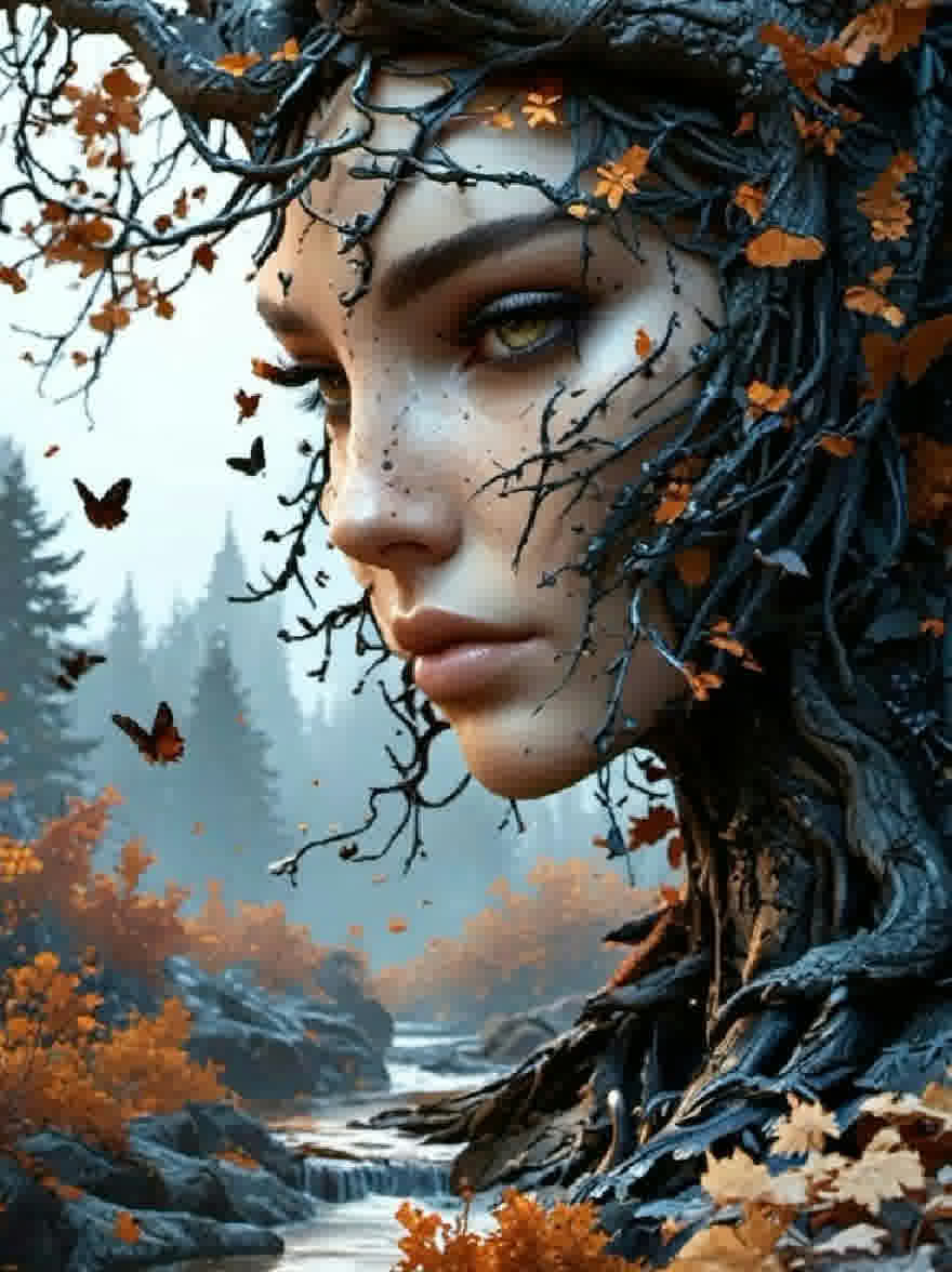 Русский промпт: Фото молодой женщины с бледной кожей и длинными волнистыми черными волосами, окруженная осенними листьями. У нее безмятежное выражение и оглядывается на расстояние. На фоне есть туманный лес с рекой, протекающей через него. Есть несколько бабочек, развевающихся вокруг нее. Освещение мягкое и эфирное, с теплым, золотым оттенком. Общее настроение мирное и созерцательное. | Original prompt: Photo of a young woman with pale skin and long, wavy black hair, surrounded by autumn leaves. She has a serene expression and is looking off into the distance. The background features a misty forest with a river running through it. There are several butterflies fluttering around her. The lighting is soft and ethereal, with a warm, golden hue. The overall mood is peaceful and contemplative.