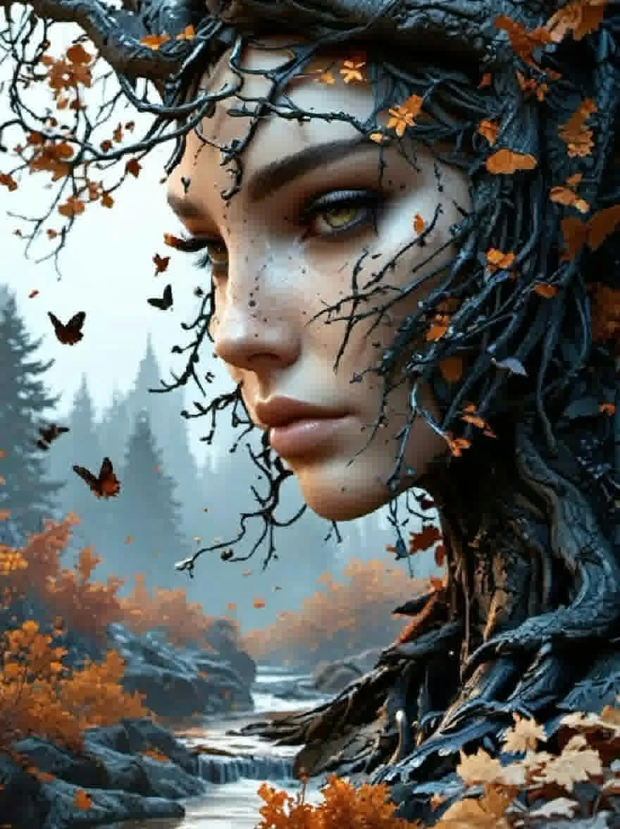 Русский промпт: Фото молодой женщины с бледной кожей и длинными волнистыми черными волосами, окруженная осенними листьями. У нее безмятежное выражение и оглядывается на расстояние. На фоне есть туманный лес с рекой, протекающей через него. Есть несколько бабочек, развевающихся вокруг нее. Освещение мягкое и эфирное, с теплым, золотым оттенком. Общее настроение мирное и созерцательное. | Original prompt: Photo of a young woman with pale skin and long, wavy black hair, surrounded by autumn leaves. She has a serene expression and is looking off into the distance. The background features a misty forest with a river running through it. There are several butterflies fluttering around her. The lighting is soft and ethereal, with a warm, golden hue. The overall mood is peaceful and contemplative.