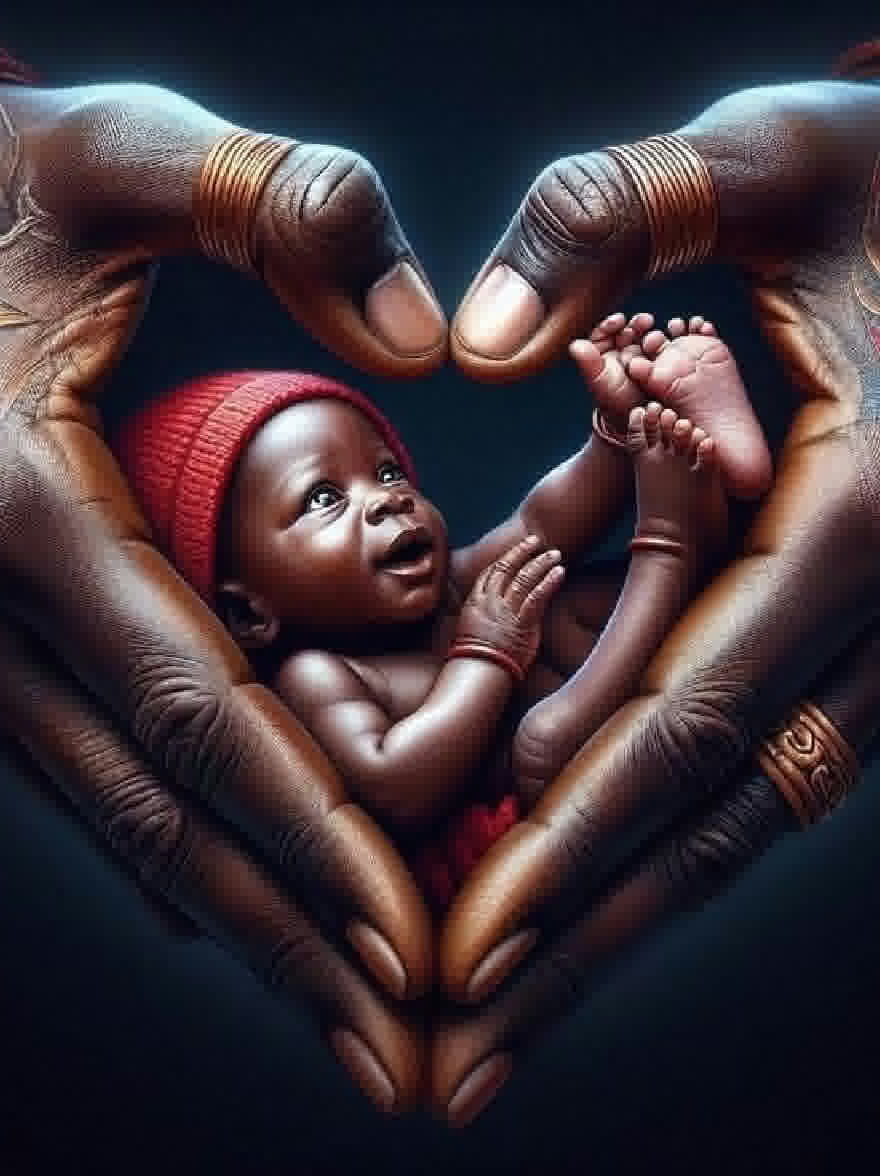 Русский промпт: Фотография новорожденного африканского мальчика в красной вязаной шляпе, которая держалась в форме сердца между двумя большими темнокожими руками. Ребенок смотрит на зрителя с любопытным выражением, и его руки сложены перед ним. Руки украшены сложными темными татуировками на пальцах. Фон темный и размытый, создавая драматический контраст с деликатными чертами ребенка. Освещение мягкое и теплое, подчеркивая текстуру рук и кожи ребенка. Общее настроение - это нежность и невиновность. | Original prompt: A photograph of a newborn African baby boy wearing a red knitted hat, held in the shape of a heart between two large, dark-skinned hands. The baby is looking up at the viewer with a curious expression, and his hands are clasped together in front of him. The hands are adorned with intricate, dark tattoos on their fingers. The background is dark and blurred, creating a dramatic contrast with the baby's delicate features. The lighting is soft and warm, highlighting the texture of the hands and baby's skin. The overall mood is one of tenderness and innocence.