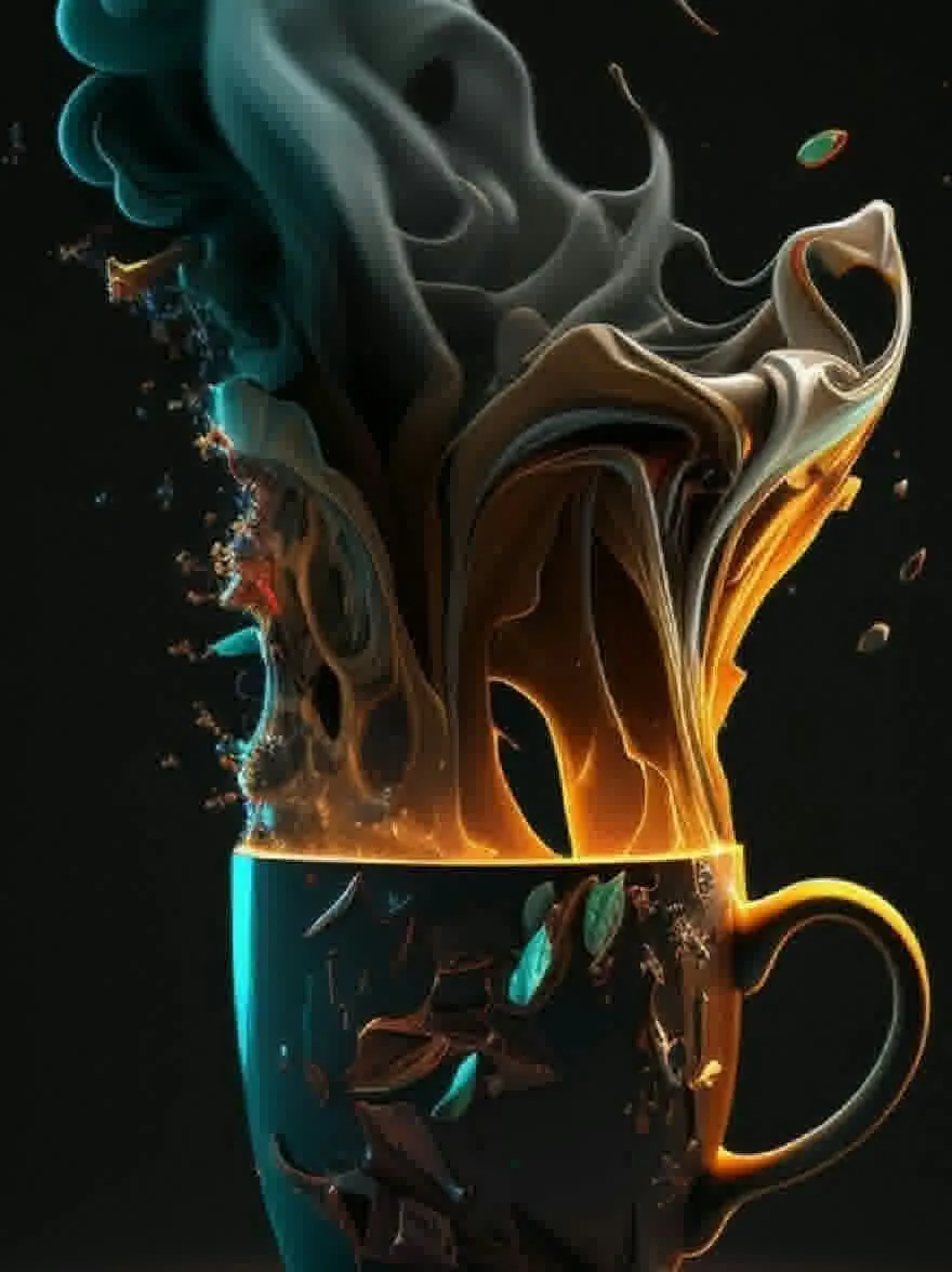 Русский промпт: Фотография чашки кофе с кружащимся, эфирным дизайном. Чашка находится в центре рамы, с темным фоном. Дизайн состоит из разных оттенков синего, черного и оранжевого цвета, создавая динамический и захватывающий эффект. Жидкость внутри чашки представляет собой смесь оранжевого, желтого и белого, с некоторыми оттенками синего и зеленого. Текстура жидкости гладкая и жидкая, с вихрями и кривыми, которые создают ощущение движения и энергии. Освещение драматичное, с цветами, смешивающимися вместе, чтобы создать завораживающий эффект. | Original prompt: A photograph of a cup of coffee with a swirling, ethereal design. The cup is in the center of the frame, with a dark background. The design is composed of different shades of blue, black, and orange, creating a dynamic and captivating effect. The liquid inside the cup is a mix of orange, yellow, and white, with some hints of blue and green. The texture of the liquid is smooth and fluid, with swirls and curves that create a sense of movement and energy. The lighting is dramatic, with the colors blending together to create a mesmerizing effect.