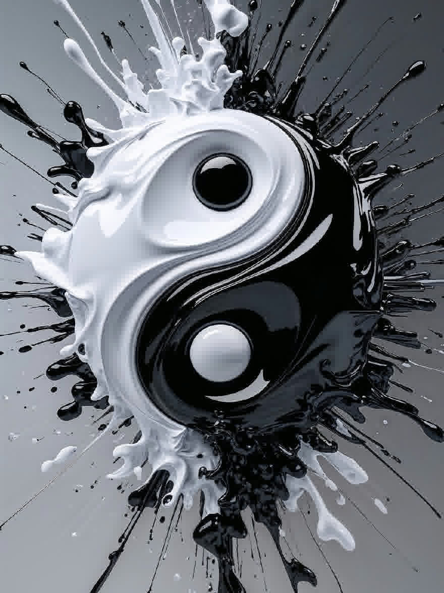 Русский промпт: Черно-белый символ Инь-Ян, состоящий из двух половинок, одной черной и одной белой, с дырой в форме сердца в центре. Символ окружен брызгами белых и черных чернил, создавая динамическую и абстрактную композицию. Фон представляет собой градиент серого и белого, обеспечивающий резкий контраст с поразительным контрастом между двумя цветами. Изображение имеет высококачественный монохроматический стиль, с жирными линиями и острыми краями. | Original prompt: A black and white yin-yang symbol composed of two halves, one black and one white, with a heart-shaped hole in the center. The symbol is surrounded by splashes of white and black ink, creating a dynamic and abstract composition. The background is a gradient of gray and white, providing a stark contrast to the striking contrast between the two colors. The image has a high-quality, monochromatic style, with bold lines and sharp edges.
