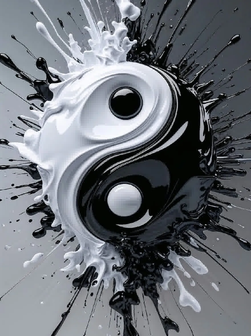 Русский промпт: Черно-белый символ Инь-Ян, состоящий из двух половинок, одной черной и одной белой, с дырой в форме сердца в центре. Символ окружен брызгами белых и черных чернил, создавая динамическую и абстрактную композицию. Фон представляет собой градиент серого и белого, обеспечивающий резкий контраст с поразительным контрастом между двумя цветами. Изображение имеет высококачественный монохроматический стиль, с жирными линиями и острыми краями. | Original prompt: A black and white yin-yang symbol composed of two halves, one black and one white, with a heart-shaped hole in the center. The symbol is surrounded by splashes of white and black ink, creating a dynamic and abstract composition. The background is a gradient of gray and white, providing a stark contrast to the striking contrast between the two colors. The image has a high-quality, monochromatic style, with bold lines and sharp edges.
