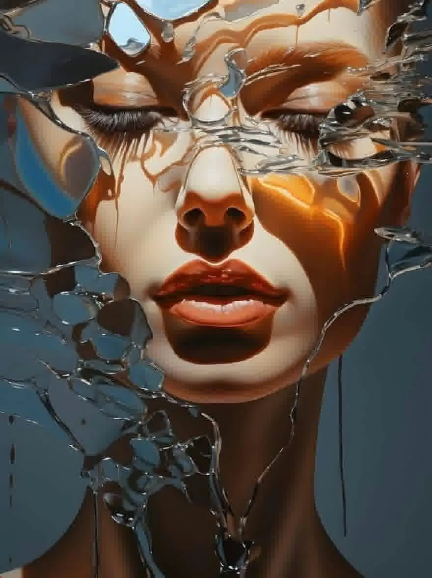 Русский промпт: Очень детальная, реалистичная цифровая живопись лица женщины с поразительным, эфирным внешним видом. У женщины бледный цвет лица, длинные ресницы и безмятежное выражение. Ее глаза закрыты, а ее губы слегка расстались, открывая намек на красную помаду. Фон представляет собой градиент глубокого синего до голубого, с несколькими всплесками воды вокруг ее лица. Освещение драматичное, с полосами света, отражающимися от поверхности воды, создавая мерцающий эффект. Стиль гиперреалистичен с акцентом на текстуру и глубину. Общее настроение - это спокойствие и спокойствие. | Original prompt: A highly detailed, realistic digital painting of a woman's face with a striking, ethereal appearance. The woman has a pale complexion, long eyelashes, and a serene expression. Her eyes are closed, and her lips are slightly parted, revealing a hint of red lipstick. The background is a gradient of deep blue to light blue, with a few splashes of water around her face. The lighting is dramatic, with streaks of light reflecting off the surface of the water, creating a shimmering effect. The style is hyper-realistic with a focus on texture and depth. The overall mood is one of calmness and serenity.