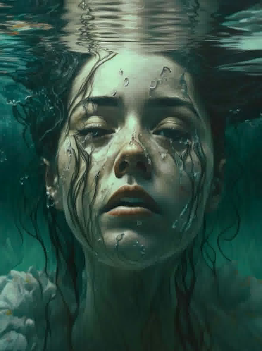 Русский промпт: Цифровая живопись молодой женщины погрузилась под водой, с каплями воды, каскада, спускающимися по ее лицу, и темными, мокрыми волосами. У нее безмятежное выражение, с закрытыми глазами, и слезы стекают по ее щекам. Ее кожа бледная, и она, кажется, находится в состоянии глубокого созерцания. Фон-глубокий сине-зеленый, с оттенком белой пены с левой стороны. Освещение мягкое и эфирное, создавая мечтательную атмосферу. Стиль реалистичен с акцентом на текстуру и глубину, что делает предмет почти реалистичным. | Original prompt: A digital painting of a young woman submerged underwater, with water droplets cascading down her face and dark, wet hair. She has a serene expression, with her eyes closed and tears streaming down her cheeks. Her skin is pale, and she appears to be in a state of deep contemplation. The background is a deep blue-green, with a hint of white foam on the left side. The lighting is soft and ethereal, creating a dreamy atmosphere. The style is realistic with a focus on texture and depth, making the subject appear almost lifelike.