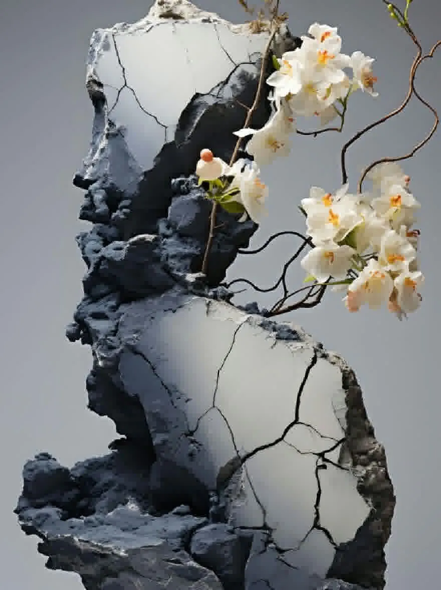 Русский промпт: Фотография скульптуры, сделанной из вулканической скалы, с трещинами и расщелинами по всей поверхности. На правой стороне изображения одна белая орхидея с деликатными лепестками и желтый центр сидит на скале, добавляя оттенки элегантности в иногда монохроматическую сцену. Фон представляет собой приглушенный серый, обеспечивающий тонкий контраст с скалистой текстурой камня. Общий эффект - это природная красота и безмятежность. | Original prompt: A photograph of a sculpture made of volcanic rock, with cracks and crevices throughout the surface. On the right side of the image, a single white orchid with delicate petals and a yellow center sits atop the rock, adding a touch of elegance to the otherwise monochromatic scene. The background is a muted grey, providing a subtle contrast to the rocky texture of the rock. The overall effect is one of natural beauty and serenity.