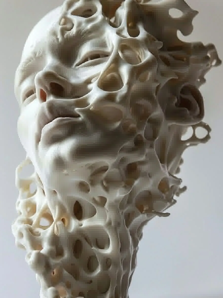 Русский промпт: Крупным планом фотографии скульптуры человеческой головы, сделанной из пористого, пористого материала. Скульптура очень подробная и имеет гладкую, пористую текстуру. Голова расположена в центре рамы, с размытым фоном. Освещение мягкое и естественное, подчеркивая сложные узоры и текстуры скульптуры. Общий эффект - это текучесть и сложность. | Original prompt: A close-up photograph of a sculpture of a human head made of porous, porous material. The sculpture is highly detailed and has a smooth, porous texture. The head is positioned in the center of the frame, with the background blurred out. The lighting is soft and natural, highlighting the intricate patterns and textures of the sculpture. The overall effect is one of fluidity and complexity.