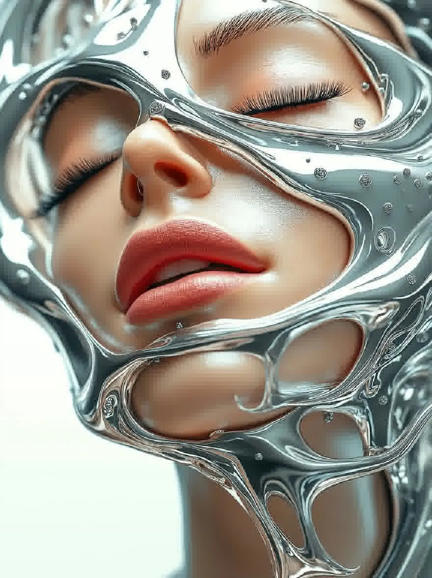 Русский промпт: Крупным планом фотографии лица женщины, с закрытыми глазами и безмятежным выражением. У нее есть честная кожа, длинные ресницы и выдающийся нос. Ее губы окрашены в темно -красный, и у нее блестящий металлический вид. Фон - простой голубой градиент. Изображение имеет футуристическую, научно-фантастическую эстетику. Женщина является основным предметом, расположенным в центре кадра. Освещение мягкое и естественное, подчеркивая ее черты. Общий эффект - это красота и изощренность. | Original prompt: A close-up photograph of a woman's face, with her eyes closed and a serene expression. She has fair skin, long eyelashes, and a prominent nose. Her lips are painted a deep red, and she has a shiny, metallic appearance. The background is a simple, light blue gradient. The image has a futuristic, sci-fi aesthetic. The woman is the main subject, positioned in the center of the frame. The lighting is soft and natural, highlighting her features. The overall effect is one of beauty and sophistication.