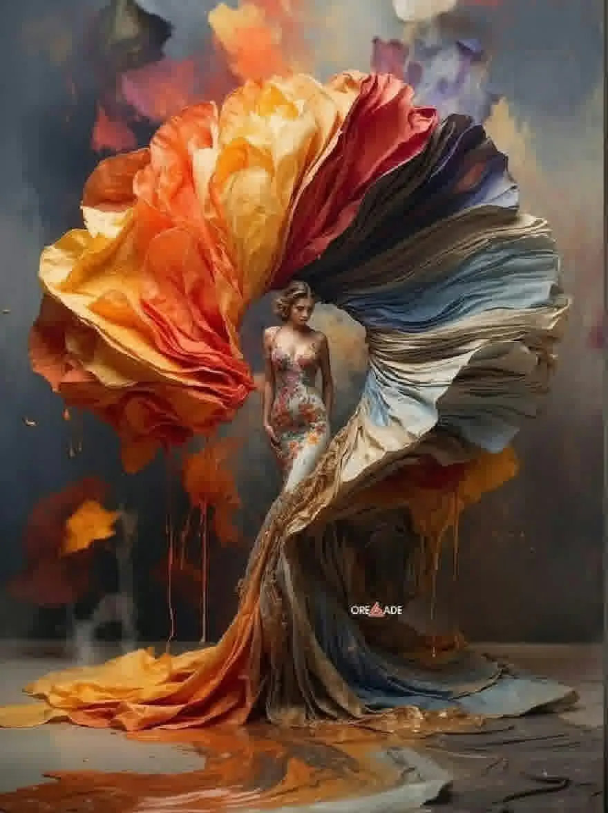 Русский промпт: Фотография женщины, стоящей в центре рамы, в длинном плавном платье, сделанном из нескольких слоев ткани в оттенках оранжевого, желтого и синего. Платье замысловато разработано с цветочным рисунком, а женщина имеет безмятежное выражение на лице. Фон - размытая, абстрактная смесь блюза, зелени и желтых. Освещение мягкое и распространенное, создавая мечтательную атмосферу. Женщина расположена в середине изображения, а платье течет вокруг нее. Изображение имеет сюрреалистическое и сюрреалистическое чувство. | Original prompt: Photo of a woman standing in the center of the frame, wearing a long, flowing dress made of multiple layers of fabric in shades of orange, yellow, and blue. The dress is intricately designed with a floral pattern, and the woman has a serene expression on her face. The background is a blurred, abstract mix of blues, greens, and yellows. The lighting is soft and diffused, creating a dreamy atmosphere. The woman is positioned in the middle of the image, with the dress flowing around her. The image has a surreal and surreal feel to it.