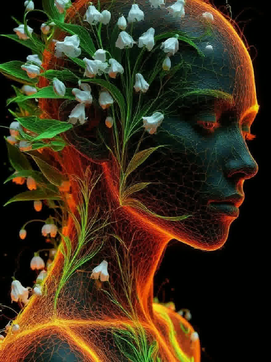 Русский промпт: Цифровая иллюстрация женского профиля со структурой, похожей на каркас, с замысловатыми линиями и геометрическими узорами в оттенках зеленого, оранжевого и желтого. Женщина имеет лыскую голову, украшенную нежной лилией цветов долины, с зелеными листьями и нежными белыми лепестками. Фон - темный, градиентный черный, создающий поразительный контраст с яркими цветами каркаса. Изображение имеет мечтательное, эфирное качество, с акцентом на сложные детали лица и волос женщины. Общий эффект - это красота и спокойствие. | Original prompt: A digital illustration of a woman's profile with a wireframe-like structure, featuring intricate lines and geometric patterns in shades of green, orange, and yellow. The woman has a bald head adorned with delicate lily of the valley flowers, with green leaves and delicate white petals. The background is a dark, gradient black, creating a striking contrast with the vibrant colors of the wireframe. The image has a dreamy, ethereal quality, with a focus on the intricate details of the woman's face and hair. The overall effect is one of beauty and serenity.