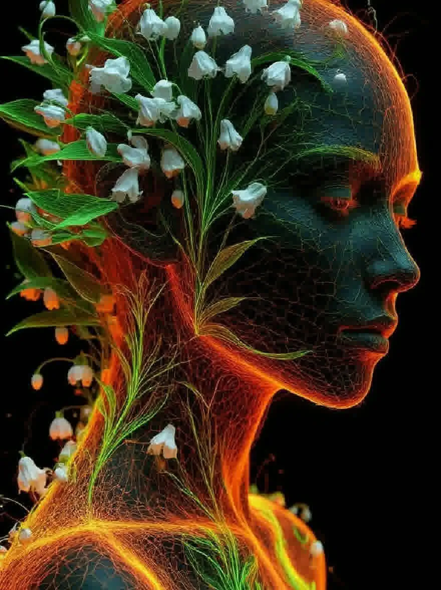 Русский промпт: Цифровая иллюстрация женского профиля со структурой, похожей на каркас, с замысловатыми линиями и геометрическими узорами в оттенках зеленого, оранжевого и желтого. Женщина имеет лыскую голову, украшенную нежной лилией цветов долины, с зелеными листьями и нежными белыми лепестками. Фон - темный, градиентный черный, создающий поразительный контраст с яркими цветами каркаса. Изображение имеет мечтательное, эфирное качество, с акцентом на сложные детали лица и волос женщины. Общий эффект - это красота и спокойствие. | Original prompt: A digital illustration of a woman's profile with a wireframe-like structure, featuring intricate lines and geometric patterns in shades of green, orange, and yellow. The woman has a bald head adorned with delicate lily of the valley flowers, with green leaves and delicate white petals. The background is a dark, gradient black, creating a striking contrast with the vibrant colors of the wireframe. The image has a dreamy, ethereal quality, with a focus on the intricate details of the woman's face and hair. The overall effect is one of beauty and serenity.