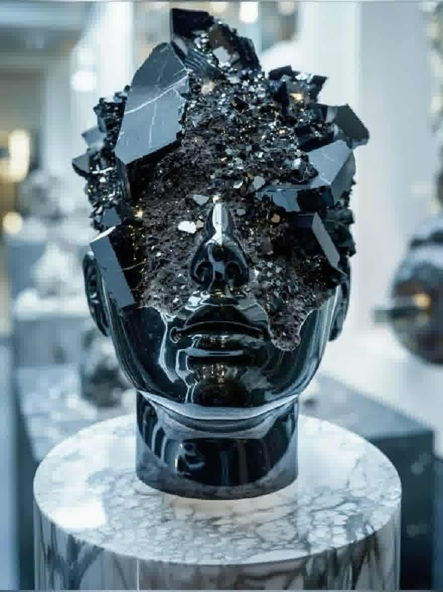 Русский промпт: Фотография черной скульптуры человеческой головы, сделанной из кристаллов и минералов, расположенная на мраморном постаменте в музейной обстановке. Скульптура имеет гладкую, глянцевую отделку и замысловато вырезан с различными формами и размерами. Кристаллы расположены в симметричном рисунке вокруг головы, а некоторые перекрывают друг друга. Фон размыт, но, похоже, это помещение с другими скульптурами и видимыми объектами. Освещение мягкое и естественное, подчеркивая сложные детали скульптуры. Общая эстетика таинственна и очаровательна. | Original prompt: Photo of a black sculpture of a human head made of crystals and minerals, placed on a marble pedestal in a museum setting. The sculpture has a smooth, glossy finish and is intricately carved with a variety of shapes and sizes. The crystals are arranged in a symmetrical pattern around the head, with some overlapping each other. The background is blurred, but it appears to be an indoor space with other sculptures and objects visible. The lighting is soft and natural, highlighting the intricate details of the sculpture. The overall aesthetic is mysterious and captivating.