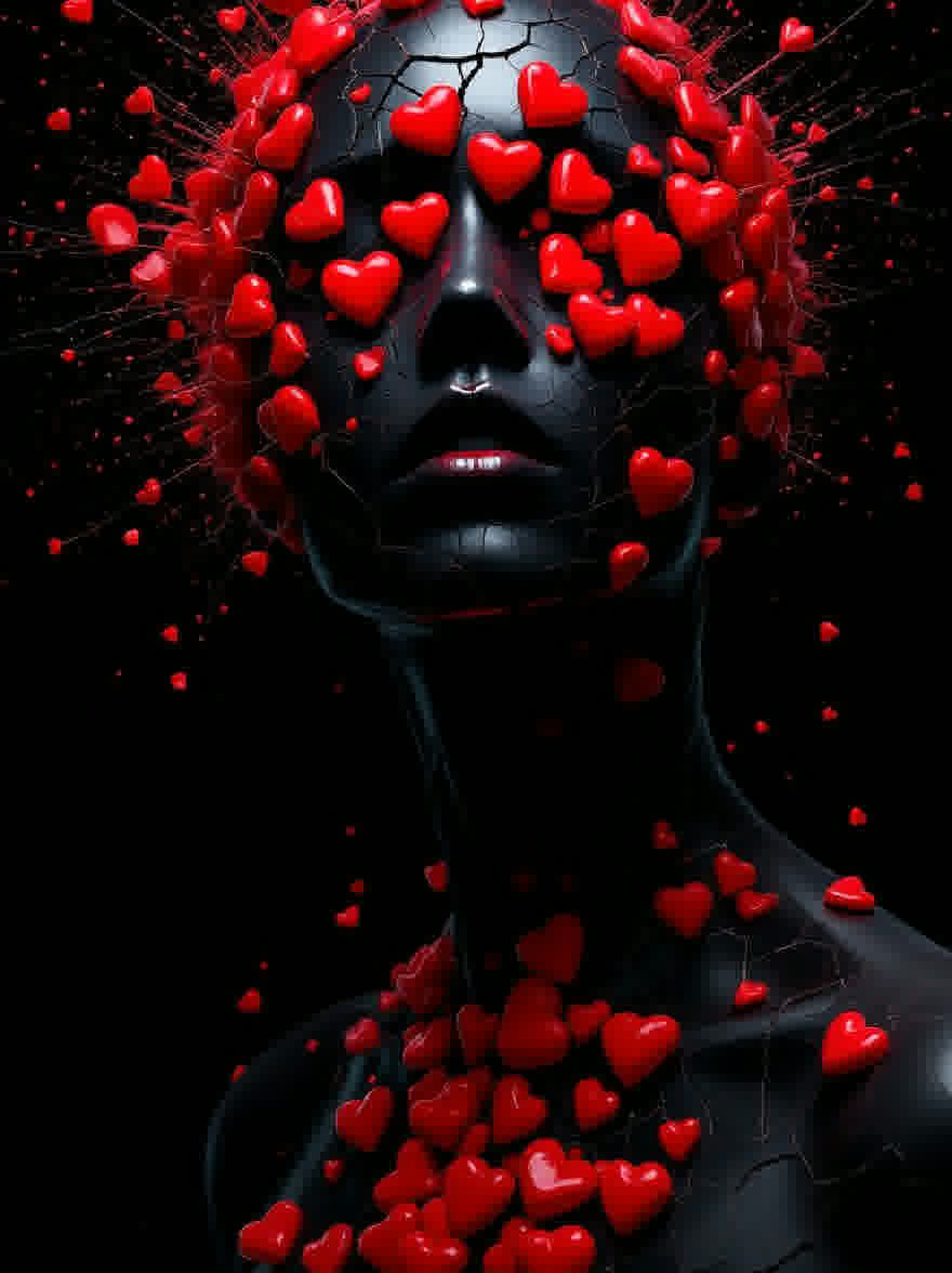 Русский промпт: Фотография женщины с потрескавшейся черной поверхностью и красными сердцами разбросана вокруг ее головы и шеи. У нее бледный цвет лица и темные губы. Фон темный и абстрактный. Женщина расположена в центре кадра. Сердца разных размеров и форм. Освещение драматично, подчеркивая контраст между темной поверхностью и ярко -красными сердцами. Общее настроение сюрреалистично и сказочно. | Original prompt: Photo of a woman with a cracked black surface and red hearts scattered around her head and neck. She has a pale complexion and dark lips. The background is dark and abstract. The woman is positioned in the center of the frame. The hearts are of various sizes and shapes. The lighting is dramatic, highlighting the contrast between the dark surface and the bright red hearts. The overall mood is surreal and dreamlike.