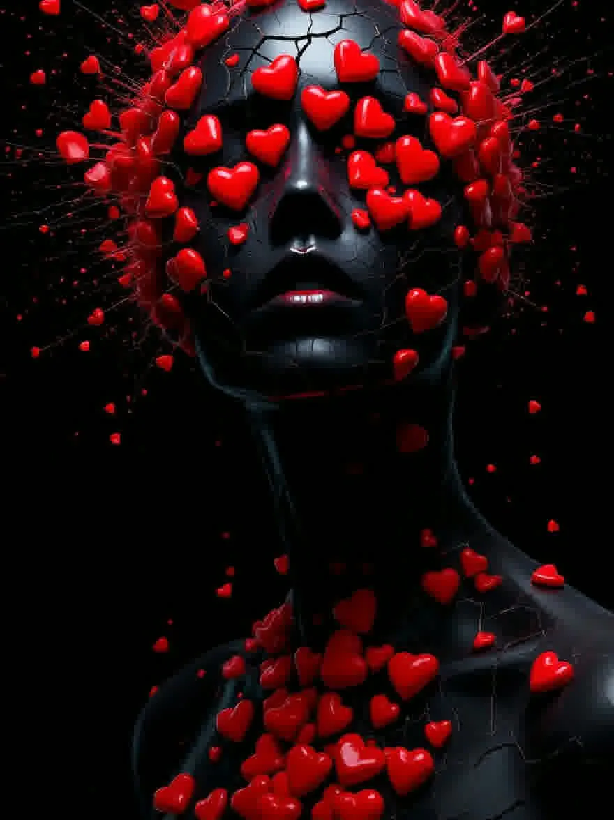 Русский промпт: Фотография женщины с потрескавшейся черной поверхностью и красными сердцами разбросана вокруг ее головы и шеи. У нее бледный цвет лица и темные губы. Фон темный и абстрактный. Женщина расположена в центре кадра. Сердца разных размеров и форм. Освещение драматично, подчеркивая контраст между темной поверхностью и ярко -красными сердцами. Общее настроение сюрреалистично и сказочно. | Original prompt: Photo of a woman with a cracked black surface and red hearts scattered around her head and neck. She has a pale complexion and dark lips. The background is dark and abstract. The woman is positioned in the center of the frame. The hearts are of various sizes and shapes. The lighting is dramatic, highlighting the contrast between the dark surface and the bright red hearts. The overall mood is surreal and dreamlike.