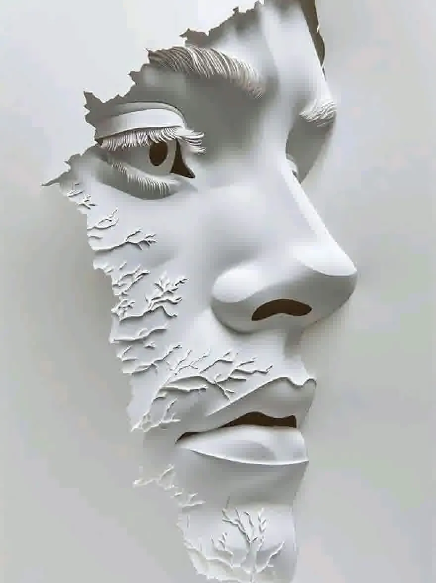 Русский промпт: Фотография бумажной скульптуры лица человека, изготовленная из порванных кусочков белой бумаги, со сложными деталями лиц, таких как борода, усы и полные губы. Скульптура очень детальная и реалистичная, с минималистской эстетикой. Фон - простой, светло -серый, обеспечивающий резкий контраст с сложной конструкцией. Выражение человека нейтральное, с его глазами смотрят прямо на зрителя. Бумага имеет немного грубую текстуру, давая скульптуре ощущение глубины и размерности. | Original prompt: Photograph of a paper sculpture of a man's face, crafted from torn pieces of white paper, with intricate details of facial features such as a beard, mustache, and full lips. The sculpture is highly detailed and realistic, with a minimalist aesthetic. The background is a plain, light grey, providing a stark contrast to the intricate design. The man's expression is neutral, with his eyes looking directly at the viewer. The paper has a slightly rough texture, giving the sculpture a sense of depth and dimensionality.