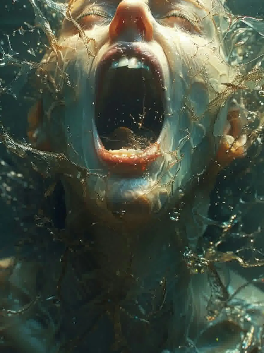 Русский промпт: Крупным планом фотографии лица женщины, погруженной в воду, с широко открытым ртом, показывая зубы и язык. Кажется, она кричит, с водой плескает вокруг ее лица и шеи. Ее кожа бледная и полупрозрачная, и у нее безмятежное выражение. Освещение мягкое и естественное, подчеркивая текстуру ее кожи. Фон размыт, что позволяет фокусировке оставаться на предмете. Изображение имеет сюрреалистическое и жуткое чувство. | Original prompt: A close-up photograph of a woman's face submerged in water, with her mouth open wide, showing her teeth and tongue. She appears to be screaming, with water splashing around her face and neck. Her skin is pale and translucent, and she has a serene expression. The lighting is soft and natural, highlighting the texture of her skin. The background is blurred, allowing the focus to remain on the subject. The image has a surreal and eerie feel to it.