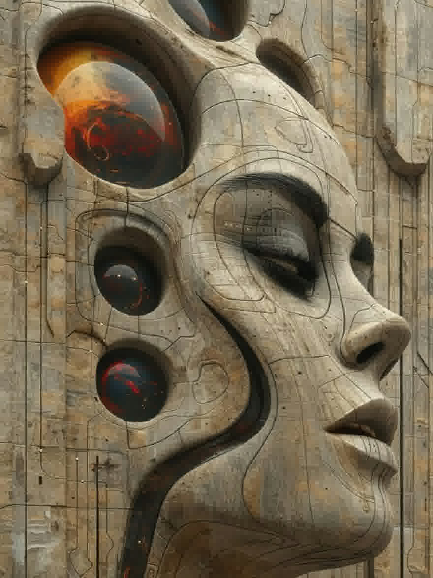 Русский промпт: Футуристическая, научно-фантастическая цифровая иллюстрация гуманоидной фигуры с конкретной структурой с замысловатыми загадками, похожими на головоломку и светящимися красными и оранжевыми глазами. Фигура имеет гладкую, скульптурную лицо с безмятежным выражением. Фон представляет собой текстурированную бетонную стенку с стержней сетки, создавая впечатление отдаленного, отдаленного ландшафта. Изображение имеет темное промышленное ощущение с приглушенной цветовой палитрой и фокусируется на сложных деталях лица и текстуре бетона. Общее настроение таинственное и очаровательное. | Original prompt: A futuristic, sci-fi digital illustration of a humanoid figure with a concrete structure, featuring intricate jigsaw puzzle-like patterns and glowing red and orange eyes. The figure has a smooth, sculpted face with a serene expression. The background is a textured concrete wall with a grid pattern, giving the impression of a distant, distant landscape. The image has a dark, industrial feel with a muted color palette and a focus on the intricate details of the face and the texture of the concrete. The overall mood is mysterious and captivating.