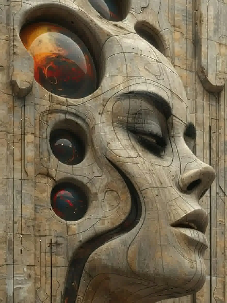 Русский промпт: Футуристическая, научно-фантастическая цифровая иллюстрация гуманоидной фигуры с конкретной структурой с замысловатыми загадками, похожими на головоломку и светящимися красными и оранжевыми глазами. Фигура имеет гладкую, скульптурную лицо с безмятежным выражением. Фон представляет собой текстурированную бетонную стенку с стержней сетки, создавая впечатление отдаленного, отдаленного ландшафта. Изображение имеет темное промышленное ощущение с приглушенной цветовой палитрой и фокусируется на сложных деталях лица и текстуре бетона. Общее настроение таинственное и очаровательное. | Original prompt: A futuristic, sci-fi digital illustration of a humanoid figure with a concrete structure, featuring intricate jigsaw puzzle-like patterns and glowing red and orange eyes. The figure has a smooth, sculpted face with a serene expression. The background is a textured concrete wall with a grid pattern, giving the impression of a distant, distant landscape. The image has a dark, industrial feel with a muted color palette and a focus on the intricate details of the face and the texture of the concrete. The overall mood is mysterious and captivating.