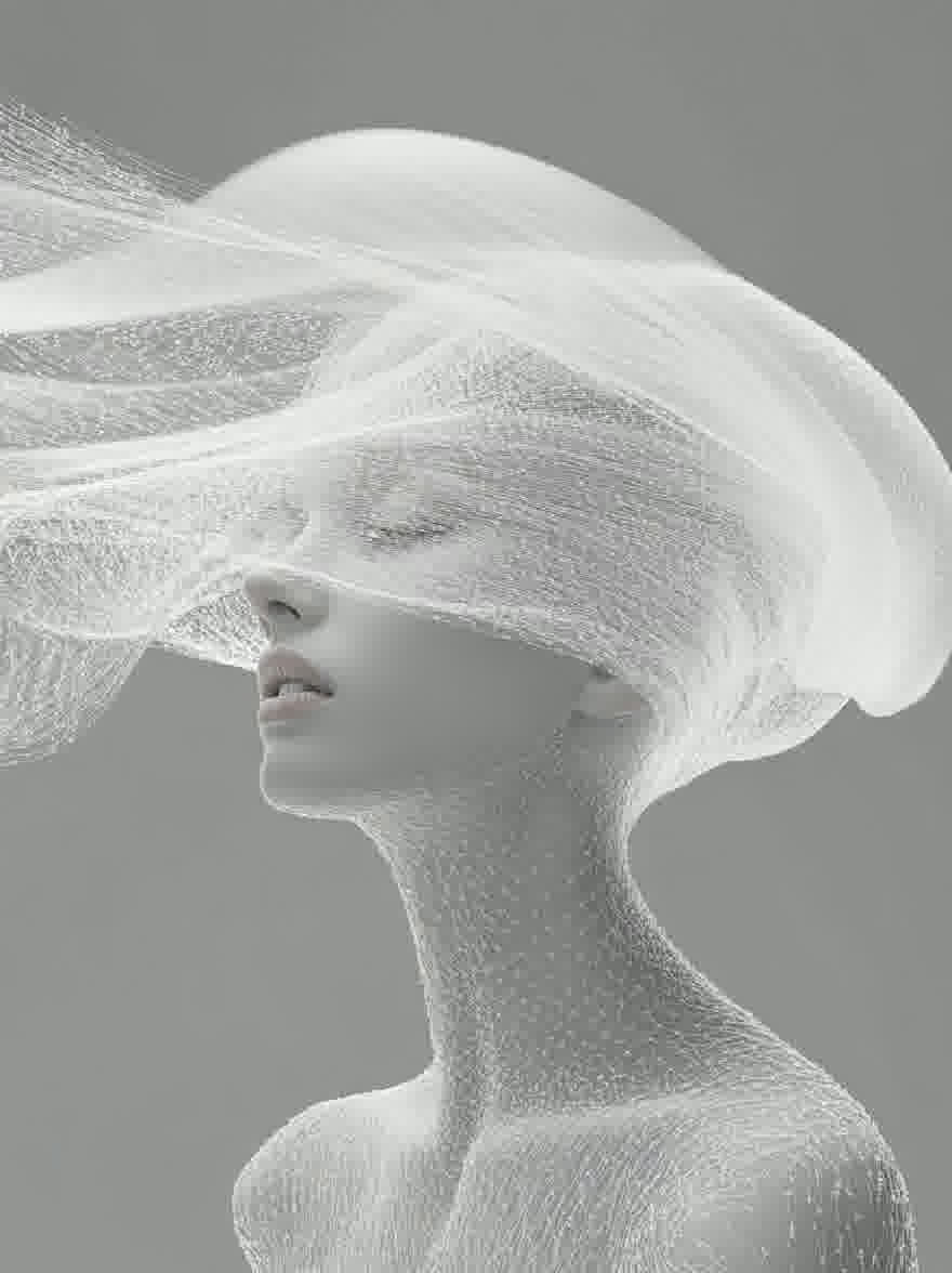 Русский промпт: Потрясающее цифровое произведение с изображением каркасной портрет женщины с объемной, плавной белой вуалью, покрывающей ее лицо и голову. Завеса замысловато разработана с небольшими точками и линиями, создавая текстурированный, абстрактный шаблон. Женщина имеет стройное, обтекаемое телосложение и расположена в центре рамы, немного обращенной влево. У нее безмятежное выражение, с закрытыми глазами, а губы слегка расстались. Фон - простой, приглушенный серый, обеспечивающий тонкий контраст с белой вуалью. Общий эффект - одна из элегантности и изысканности. | Original prompt: A stunning digital artwork featuring a wireframe portrait of a woman with a voluminous, flowing white veil covering her face and head. The veil is intricately designed with small dots and lines, creating a textured, abstract pattern. The woman has a slender, streamlined physique and is positioned in the center of the frame, facing slightly to the left. She has a serene expression, with her eyes closed and her lips slightly parted. The background is a simple, muted grey, providing a subtle contrast to the white veil. The overall effect is one of elegance and sophistication.