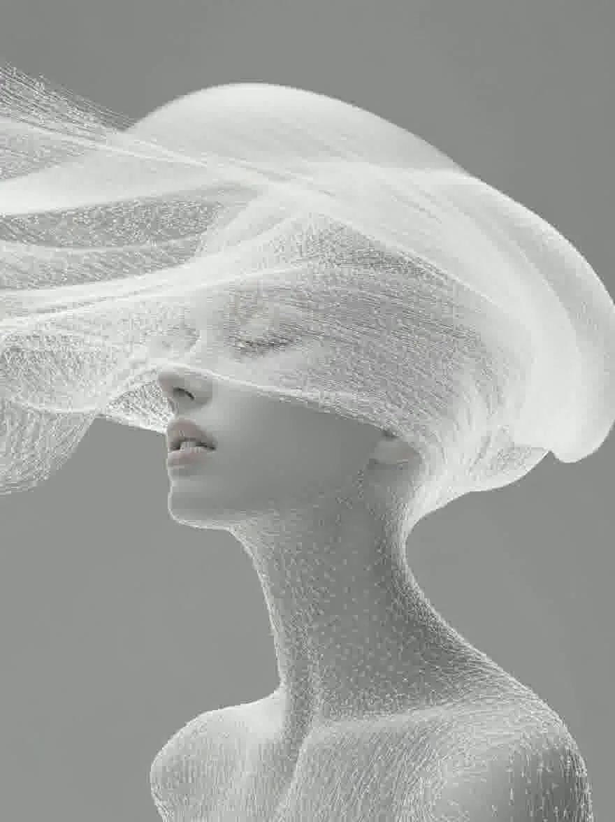 Русский промпт: Потрясающее цифровое произведение с изображением каркасной портрет женщины с объемной, плавной белой вуалью, покрывающей ее лицо и голову. Завеса замысловато разработана с небольшими точками и линиями, создавая текстурированный, абстрактный шаблон. Женщина имеет стройное, обтекаемое телосложение и расположена в центре рамы, немного обращенной влево. У нее безмятежное выражение, с закрытыми глазами, а губы слегка расстались. Фон - простой, приглушенный серый, обеспечивающий тонкий контраст с белой вуалью. Общий эффект - одна из элегантности и изысканности. | Original prompt: A stunning digital artwork featuring a wireframe portrait of a woman with a voluminous, flowing white veil covering her face and head. The veil is intricately designed with small dots and lines, creating a textured, abstract pattern. The woman has a slender, streamlined physique and is positioned in the center of the frame, facing slightly to the left. She has a serene expression, with her eyes closed and her lips slightly parted. The background is a simple, muted grey, providing a subtle contrast to the white veil. The overall effect is one of elegance and sophistication.