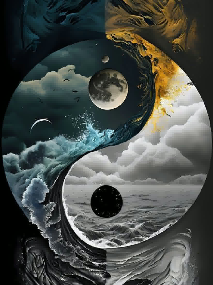 Русский промпт: Цифровая живопись символа Инь-Ян, состоящая из двух половинок, половина черного и половины желтого цвета, с обширным пространством океанских волн, рухнувших друг на друга. Черная половина больше, чем желтая половина, представляющая баланс и гармонию, в то время как синяя половина меньше, чем черная половина. Фон - бурное небо с темными облаками и полнолуние. Цвета в основном приглушены, с оттенками синего и серого, создавая драматическую и капризную атмосферу. Изображение имеет сюрреалистическое и сюрреалистическое чувство. | Original prompt: A digital painting of a yin-yang symbol composed of two halves, one half black and one half yellow, with a vast expanse of ocean waves crashing against each other. The black half is larger than the yellow half, representing balance and harmony, while the blue half is smaller than the black half. The background is a stormy sky with dark clouds and a full moon. The colors are mostly muted, with hints of blue and gray, creating a dramatic and moody atmosphere. The image has a surreal and surreal feel to it.