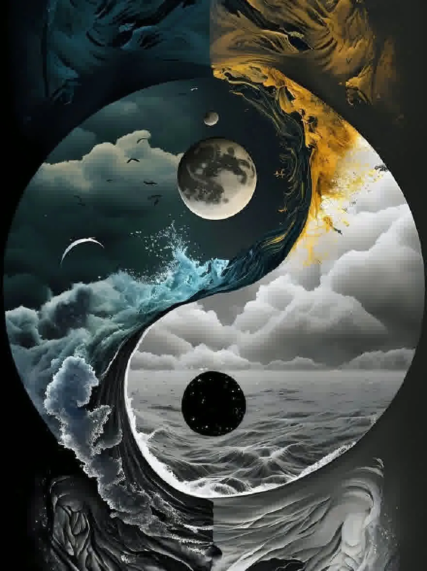Русский промпт: Цифровая живопись символа Инь-Ян, состоящая из двух половинок, половина черного и половины желтого цвета, с обширным пространством океанских волн, рухнувших друг на друга. Черная половина больше, чем желтая половина, представляющая баланс и гармонию, в то время как синяя половина меньше, чем черная половина. Фон - бурное небо с темными облаками и полнолуние. Цвета в основном приглушены, с оттенками синего и серого, создавая драматическую и капризную атмосферу. Изображение имеет сюрреалистическое и сюрреалистическое чувство. | Original prompt: A digital painting of a yin-yang symbol composed of two halves, one half black and one half yellow, with a vast expanse of ocean waves crashing against each other. The black half is larger than the yellow half, representing balance and harmony, while the blue half is smaller than the black half. The background is a stormy sky with dark clouds and a full moon. The colors are mostly muted, with hints of blue and gray, creating a dramatic and moody atmosphere. The image has a surreal and surreal feel to it.