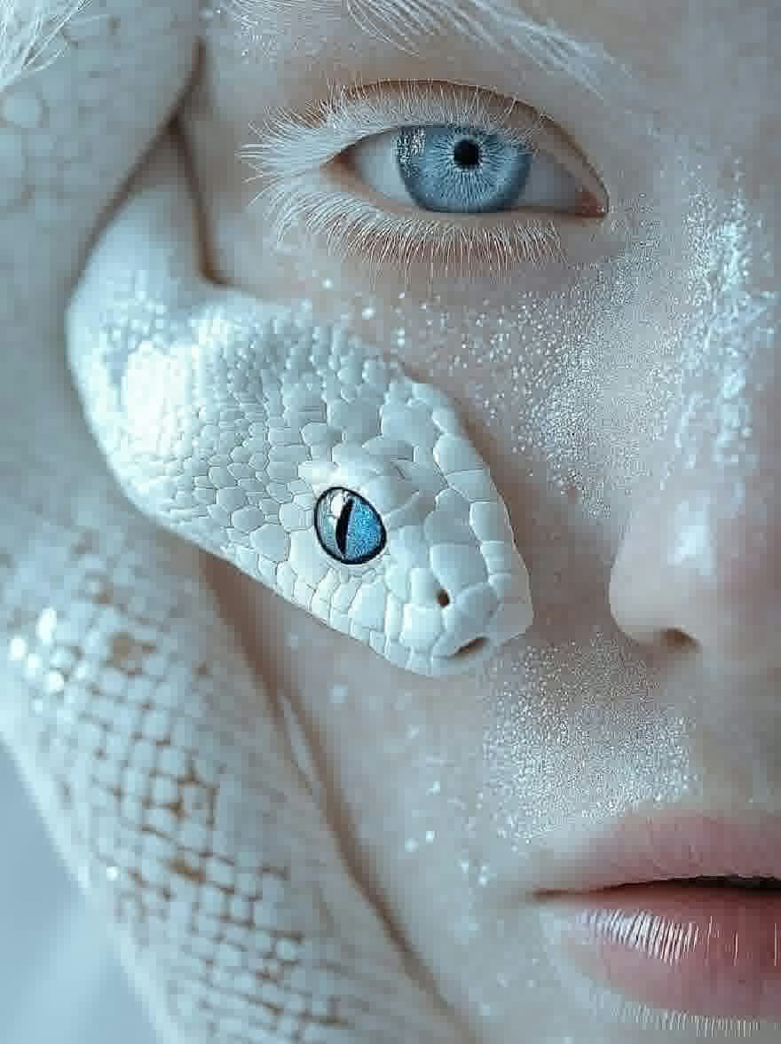 Русский промпт: Крупным планом фотографии лица женщины со змеей, свернутой вокруг ее головы. Змея имеет белую текстуру кожи, а ее глаза - поразительный синий. Женщина имеет безмятежное выражение, с слегка расстались губы. Фон размыт, что позволяет фокусировке оставаться на женщине и змее. Освещение мягкое и естественное, подчеркивая текстуру кожи. Общее настроение таинственное и очаровательное. | Original prompt: A close-up photograph of a woman's face with a snake coiled around her head. The snake has a white, textured skin texture and its eyes are a striking blue. The woman has a serene expression, with her lips slightly parted. The background is blurred, allowing the focus to remain on the woman and the snake. The lighting is soft and natural, highlighting the texture of the skin. The overall mood is mysterious and captivating.