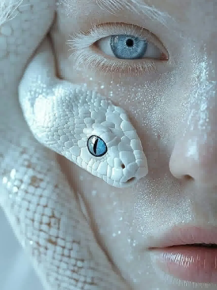 Русский промпт: Крупным планом фотографии лица женщины со змеей, свернутой вокруг ее головы. Змея имеет белую текстуру кожи, а ее глаза - поразительный синий. Женщина имеет безмятежное выражение, с слегка расстались губы. Фон размыт, что позволяет фокусировке оставаться на женщине и змее. Освещение мягкое и естественное, подчеркивая текстуру кожи. Общее настроение таинственное и очаровательное. | Original prompt: A close-up photograph of a woman's face with a snake coiled around her head. The snake has a white, textured skin texture and its eyes are a striking blue. The woman has a serene expression, with her lips slightly parted. The background is blurred, allowing the focus to remain on the woman and the snake. The lighting is soft and natural, highlighting the texture of the skin. The overall mood is mysterious and captivating.