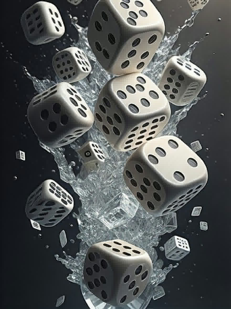 Русский промпт: Фотография нескольких белых игрушек, падающих в лужи воды, причем некоторые из них подвешены в воздухе. Кости имеют черные числа с каждой стороны и расположены хаотично. Вода брызгает вокруг кубиков, создавая динамичную и захватывающую сцену. Фон представляет собой твердый черный цвет, обеспечивающий резкий контраст с белыми костями. Освещение драматично, подчеркивая контраст между светом и темными тонами. Общий эффект - это скорость и волнение. | Original prompt: A photograph of several white dices falling into a pool of water, with some of them suspended in mid-air. The dices have black numbers on each side and are arranged in a chaotic manner. The water is splashing around the dices, creating a dynamic and exciting scene. The background is a solid black color, providing a stark contrast to the white dice. The lighting is dramatic, highlighting the contrast between the light and dark tones. The overall effect is one of speed and excitement.