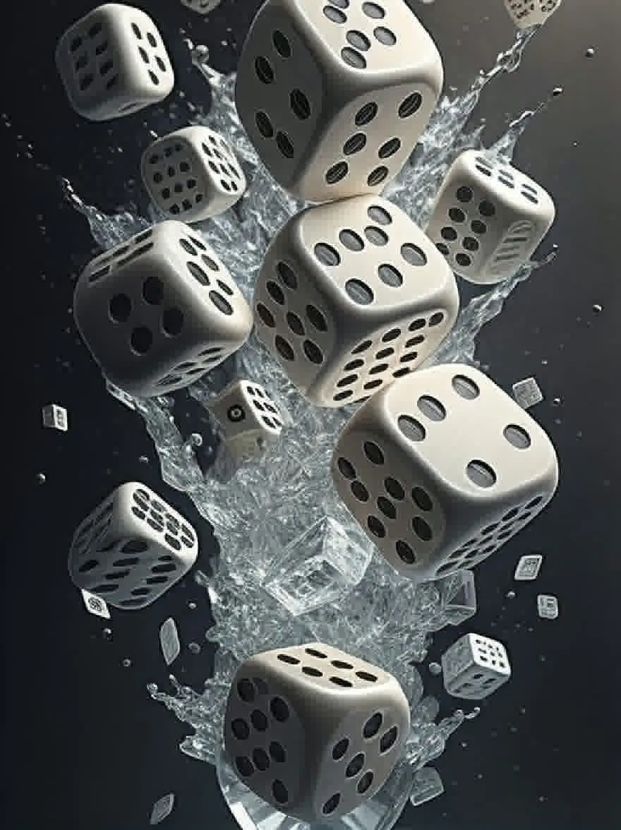 Русский промпт: Фотография нескольких белых игрушек, падающих в лужи воды, причем некоторые из них подвешены в воздухе. Кости имеют черные числа с каждой стороны и расположены хаотично. Вода брызгает вокруг кубиков, создавая динамичную и захватывающую сцену. Фон представляет собой твердый черный цвет, обеспечивающий резкий контраст с белыми костями. Освещение драматично, подчеркивая контраст между светом и темными тонами. Общий эффект - это скорость и волнение. | Original prompt: A photograph of several white dices falling into a pool of water, with some of them suspended in mid-air. The dices have black numbers on each side and are arranged in a chaotic manner. The water is splashing around the dices, creating a dynamic and exciting scene. The background is a solid black color, providing a stark contrast to the white dice. The lighting is dramatic, highlighting the contrast between the light and dark tones. The overall effect is one of speed and excitement.
