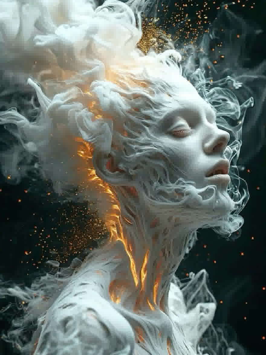 Русский промпт: Очень детальная, сюрреалистическая цифровая живопись с головой и шеей женщины, покрытая белым, кружащимся дымом и пламенем. У женщины бледный цвет лица и бледная кожа, с закрытыми глазами и безмятежным выражением. Фон темный и абстрактный, со смесью темных и светлых цветов. Дым кружится вокруг лица и шеи женщины, создавая динамичную и эфирную атмосферу. Пламя ярко -оранжевые и желтые, в отличие от белого дыма. Освещение драматично, подчеркивая контраст между двумя цветами и создает ощущение глубины и размерности. У изображения есть мечтательное, сюрреалистическое чувство. | Original prompt: A highly detailed, surreal digital painting of a woman's head and neck covered in white, swirling smoke and flames. The woman has a pale complexion and pale skin, with her eyes closed and a serene expression. The background is dark and abstract, with a mix of dark and light colors. The smoke is swirling around the woman's face and neck, creating a dynamic and ethereal atmosphere. The flames are bright orange and yellow, contrasting with the white smoke. The lighting is dramatic, highlighting the contrast between the two colors and creating a sense of depth and dimensionality. The image has a dreamy, surreal feel to it.
